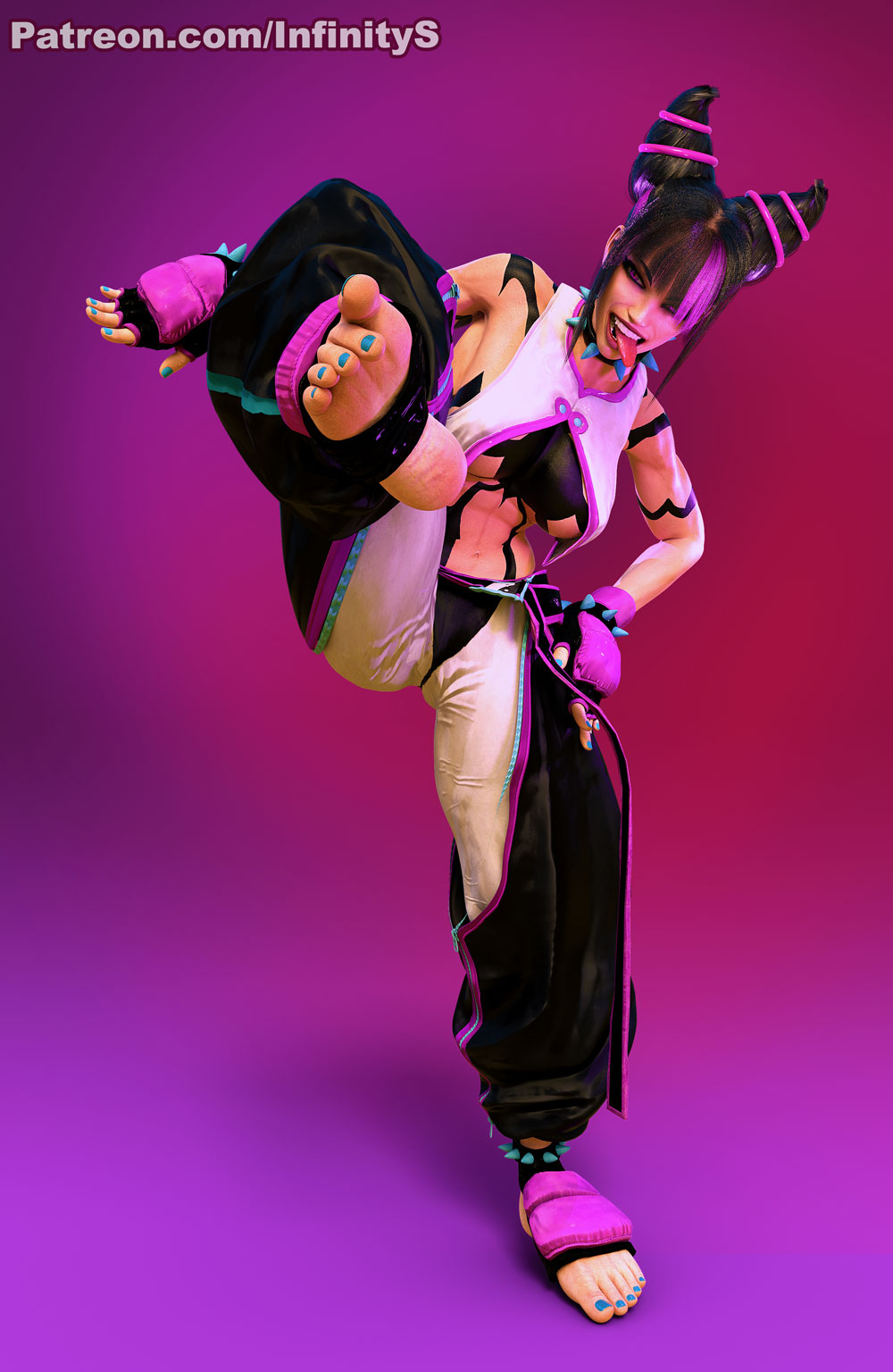 3d anklet bracelet busty capcom collar female female_focus female_only hourglass_figure infinitesign juri_han makeup pinup spiked_anklet spiked_bracelet spiked_collar street_fighter street_fighter_6 tagme wide_hips