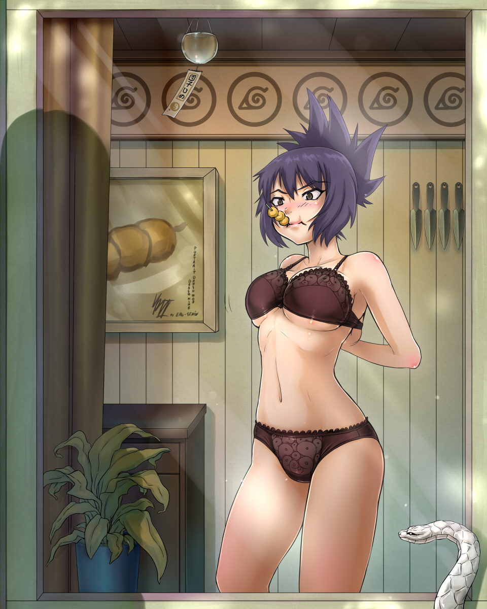 1girls adjusting_bra adjusting_underwear bare_legs bare_shoulders big_breasts blush bra breasts busty cleavage curvaceous curvy curvy_body curvy_female curvy_figure dango dressing female female_focus food food_in_mouth indoors klausreinbachii konohagakure_symbol lingerie midriff mitarashi_anko naruto naruto_(series) naruto_shippuden panties ponytail snake sunlight tied_hair underbust underwear voluptuous window