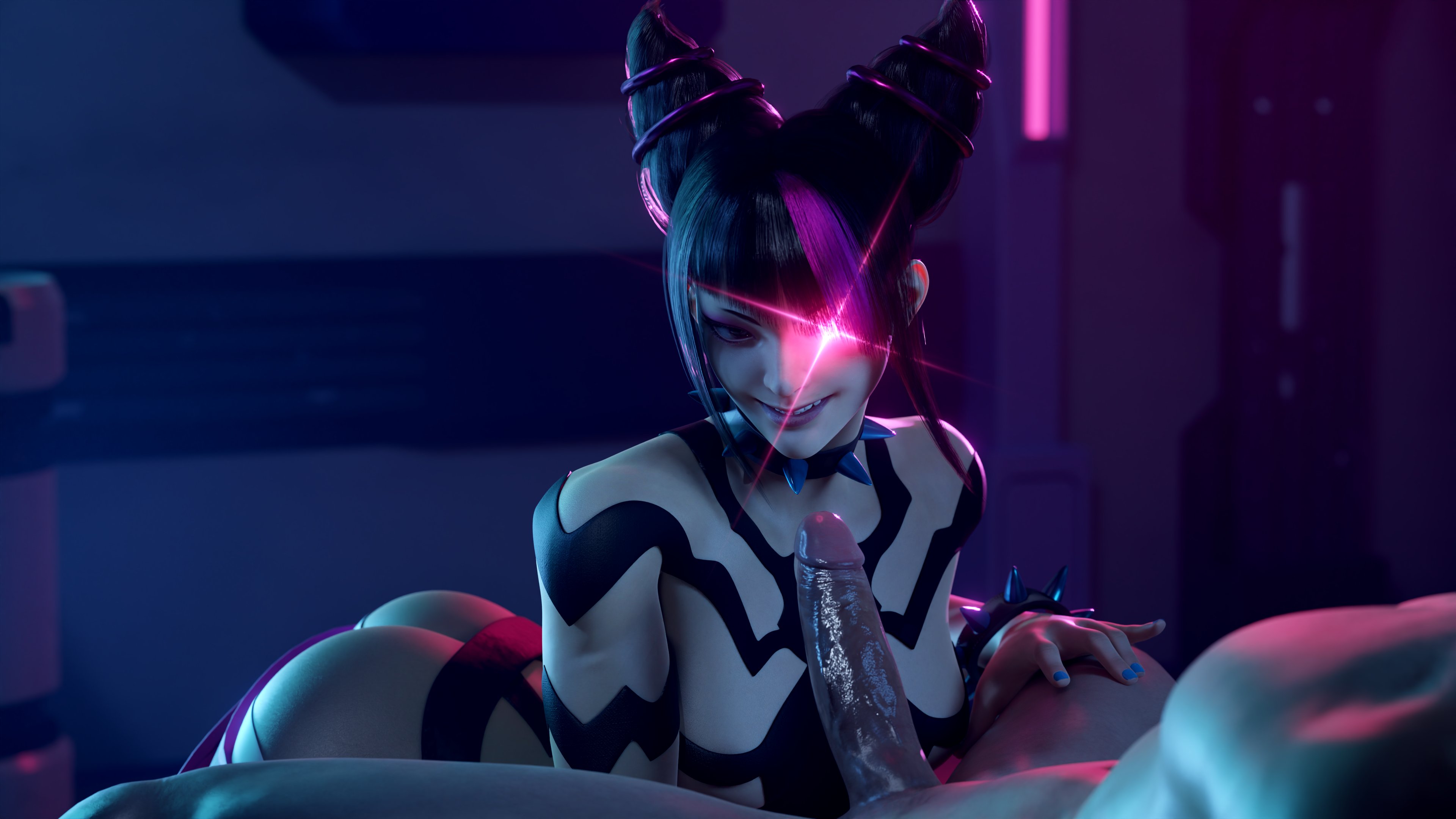 1boy, 1girls, 3d, athletic, athletic female, big breasts, black hair, breasts, busty, capcom, female, female focus, hourglass figure, jinx shaco, juri han, long hair, male, nudity, purple eyes, street fighter, tagme, tied hair, wide hips