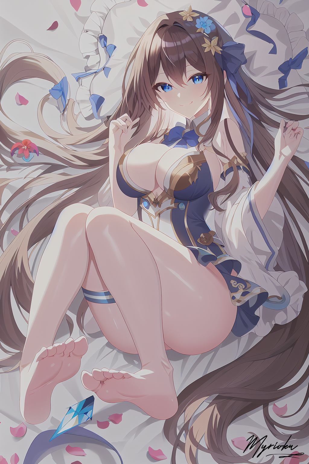 1girls ai_generated barefoot bed big_breasts blue_eyes brown_hair feet foot_fetish lying lying_on_back myrioku nai_diffusion soles solo stable_diffusion toes