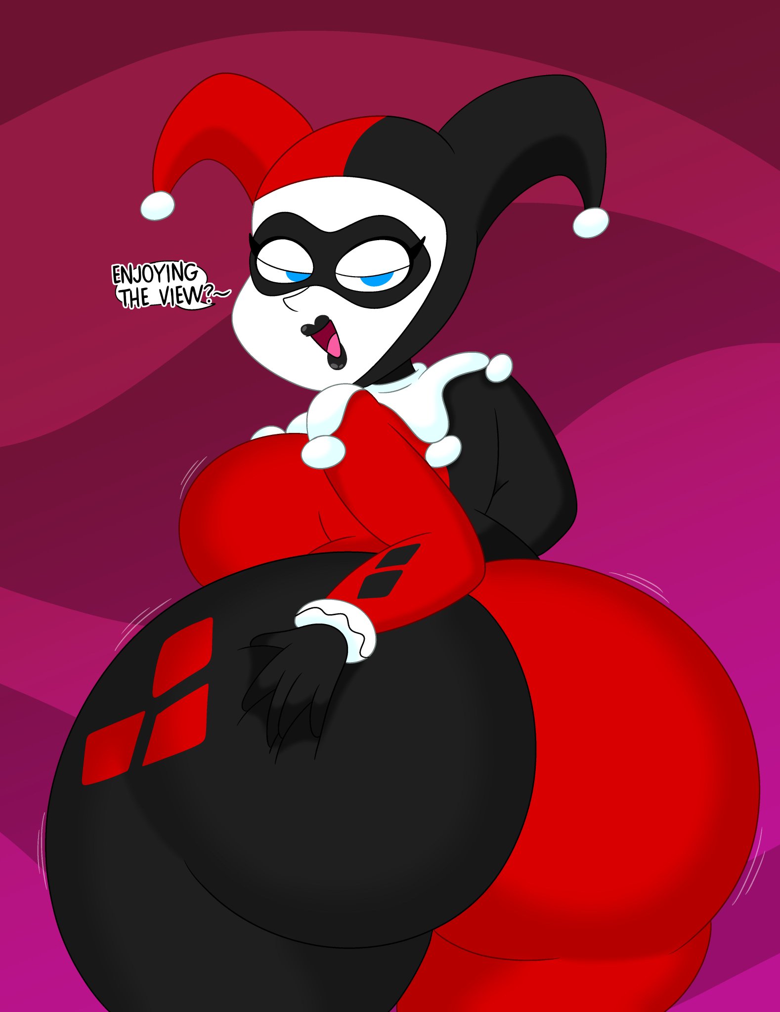1girls, 3barts, ass, back view, batman (series), batman: the animated series, big ass, big breasts, big butt, bodysuit, breasts, bubble ass, bubble butt, dc, dc comics, english text, female, female only, hand on own ass, harley quinn, harley quinn (classic), huge ass, huge butt, looking at viewer, looking back, solo, speech bubble, talking to viewer, thick ass, thick thighs