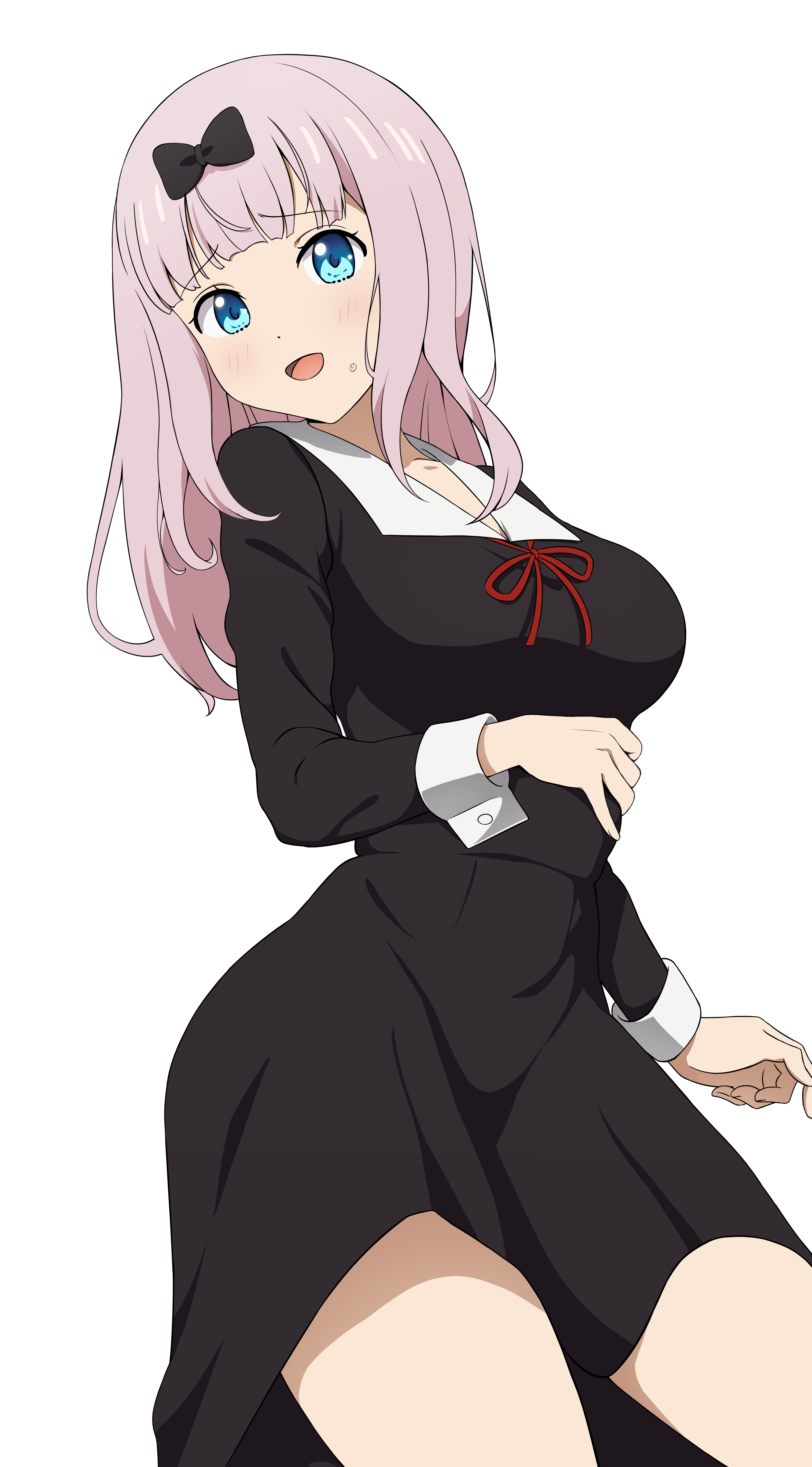 1girls, accurate art style, aqua eyes, big breasts, blue eyes, blush, bowtie, bowtie on head, breasts, coro fae, cuffs, dress, embarrassed, female, female only, fujiwara chika, fully clothed, kaguya-sama wa kokurasetai ~tensai-tachi no renai zunousen~, light skin, light-skinned female, long hair, looking at viewer, official style, open mouth, open smile, pink hair, school uniform, smile, solo, standing, sweatdrop, thick thighs, thighs, tight clothing, uniform, white background