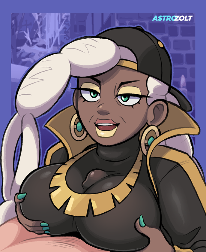 1boy 1boy1girl 1girls astrozolt_(artist) big_breasts breasts cap cap_backwards clothed clothed_female_nude_male dark-skinned_female dark_skin earrings gilf green_eyes green_nails gym_leader interracial jacket light-skinned_male light_skin lipstick mature_female melanin nail_polish old_woman older_female paizuri paizuri_under_clothes pokémon pokemon pokemon_sv ryme_(pokemon) straight streetwear titjob white_hair yellow_lipstick younger_male