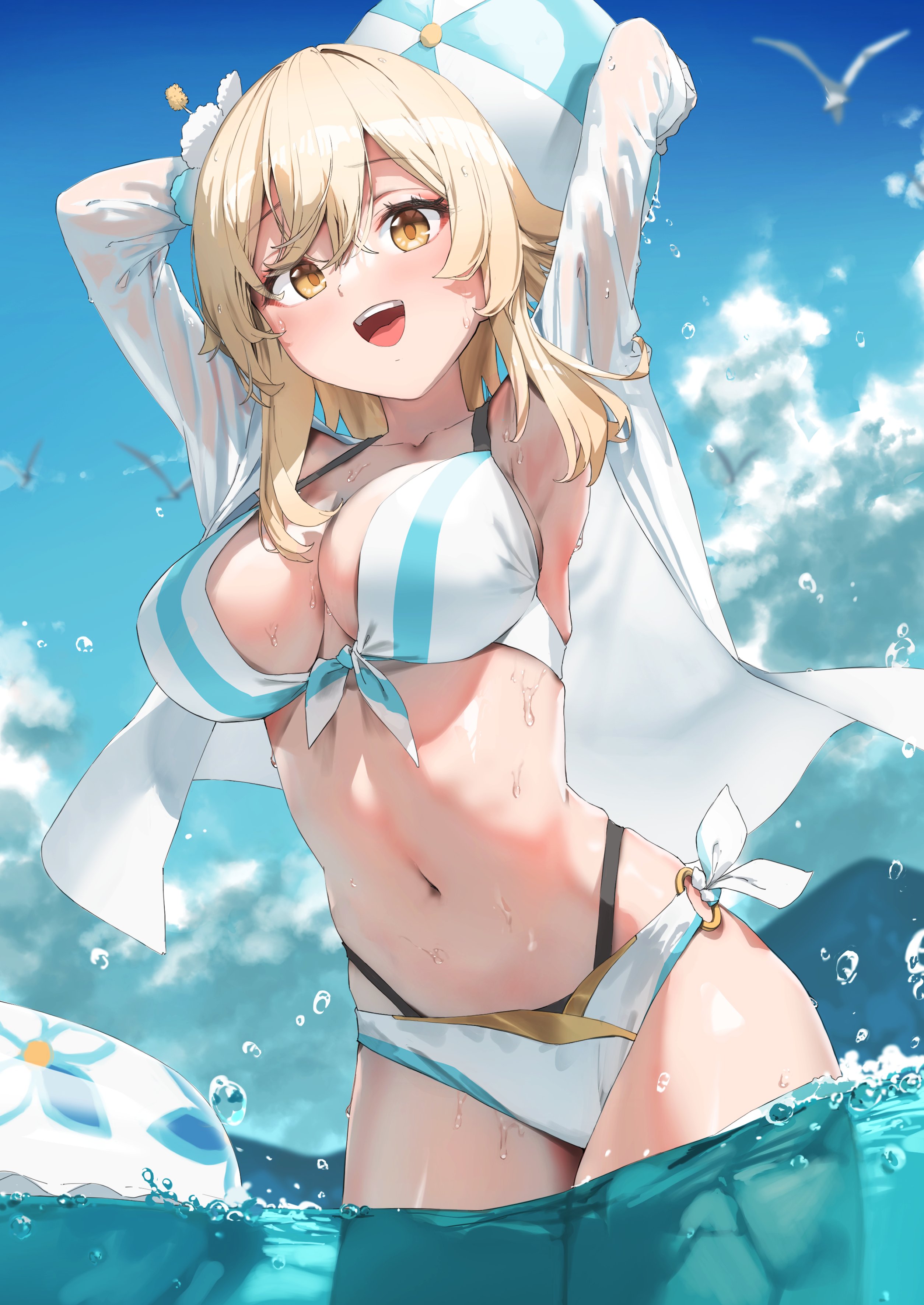 1girls, armpits, beach ball, bikini, blonde hair, breasts, cloud, curvaceous, curvy, female, genshin impact, hi res, human, large breasts, lumine (genshin impact), navel, open mouth, sky, smile, swimwear, water, xkirara39x, yellow eyes