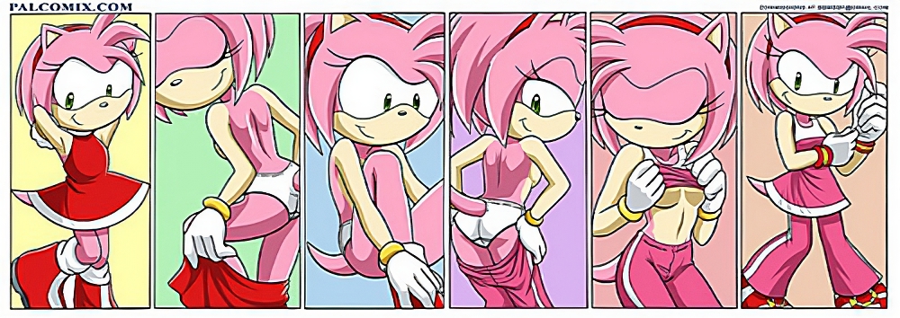 1girls amy_rose bbmbbf breasts closed_eyes clothing comic dress dressing getting_dressed gloves headband hedgehog medium_breasts mobius_unleashed no_bra no_bra_under_clothes no_humans no_shirt open_eyes palcomix panties pants partially_clothed pink_hair putting_clothes_on red_dress small_breasts smile sonic_(series) sonic_riders tail underboob underwear upscaled