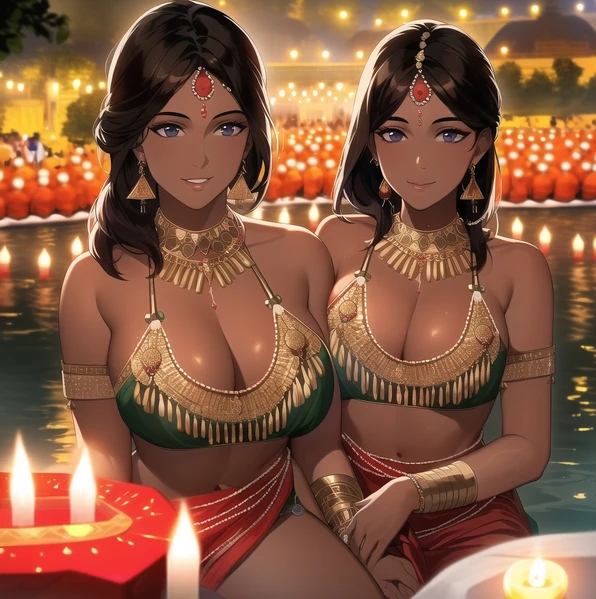 2girls ai_generated bangle beautiful_background big_breasts bindi black_hair candles cleavage dark-skinned_female detailed_background diwali earrings festival hi_res highres indian indian_female jewelry lake nai_diffusion necklace night original original_character sari sisters stable_diffusion