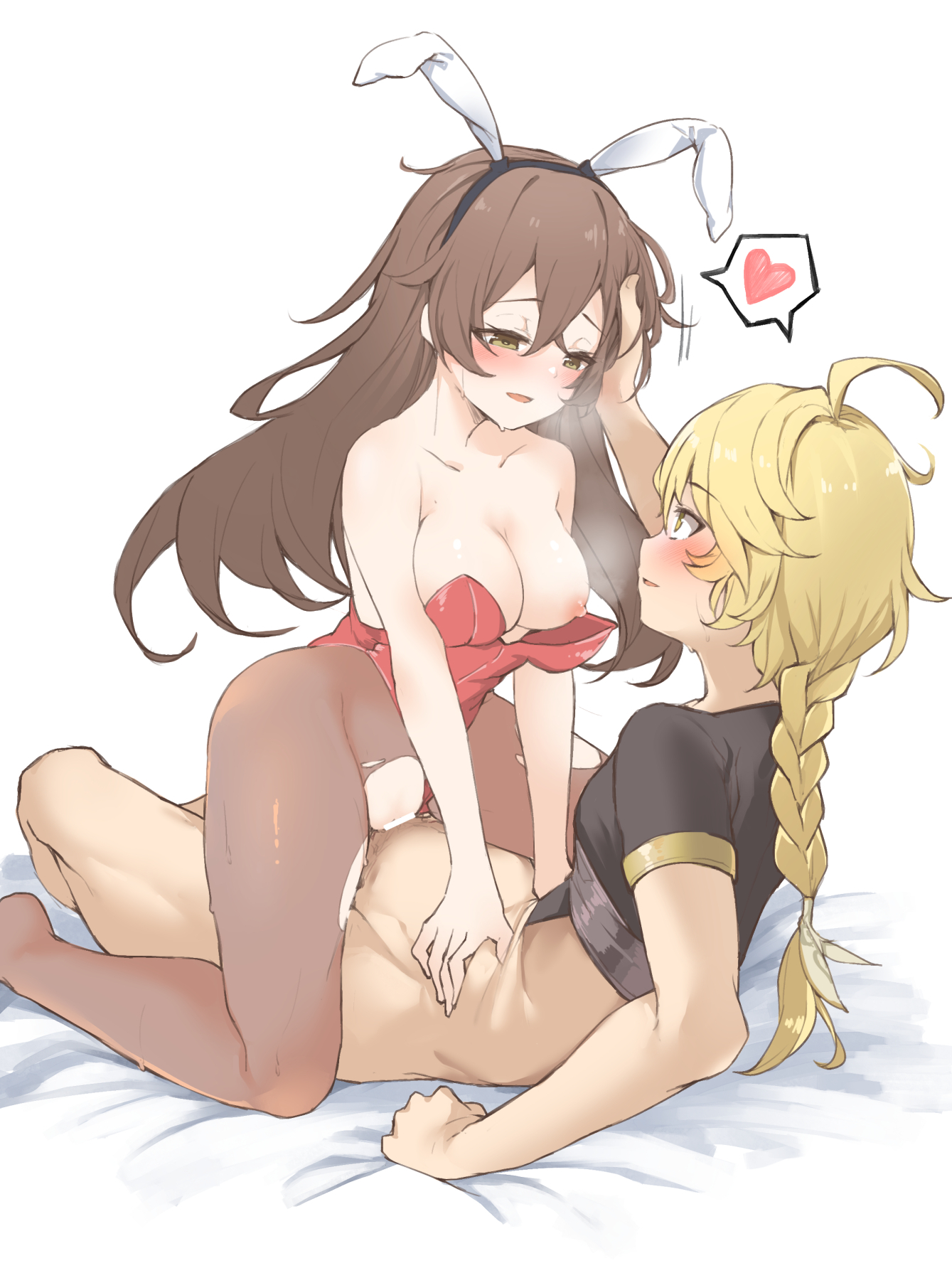 1boy, 1girls, aether (genshin impact), amber (genshin impact), artist request, bar censor, bed, blonde hair, blonde male, bunnysuit, censored, colored, cute, drawing, female, genshin impact, headpat, heart, holding, long hair, male, mihoyo, pleasure face, pussy, sex, simple background, straight, vaginal penetration, vaginal sex, wholesome