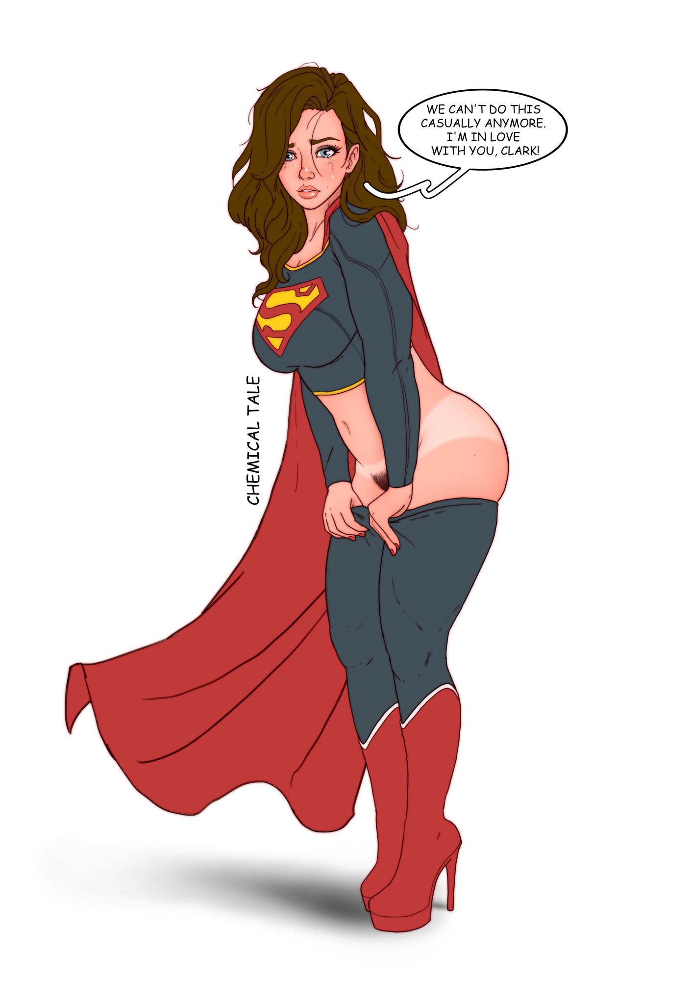 1girls, blood related, chemicaltale, dc, dc comics, english text, female, female only, full body, heels, high heels, incest, long hair, pubes, solo, standing, supergirl, superheroine, superman (series), tanline, text, undressing