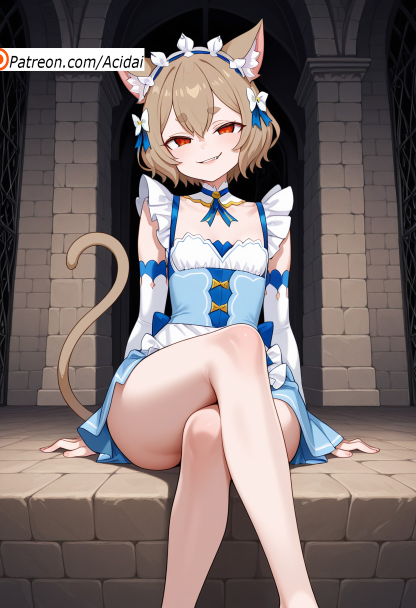 acidai, ai generated, annoyed, ass, cat ears, cat tail, crossing legs, cute, felix argyle, femboy, leaning, male, re:zero kara hajimeru isekai seikatsu, smirk, tail