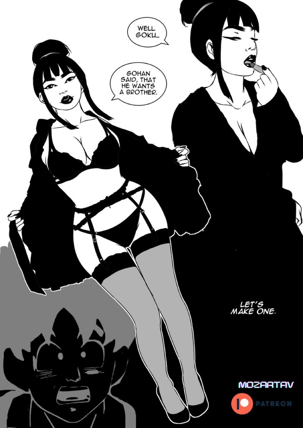 1boy, 1girls, asian, asian female, big breasts, bra, breasts, chichi, dragon ball, dragon ball super, dragon ball z, female, horny, horny female, housewife, husband and wife, lingerie, lipstick, male, milf, mozartav, panties, ready to fuck, showing off, son goku