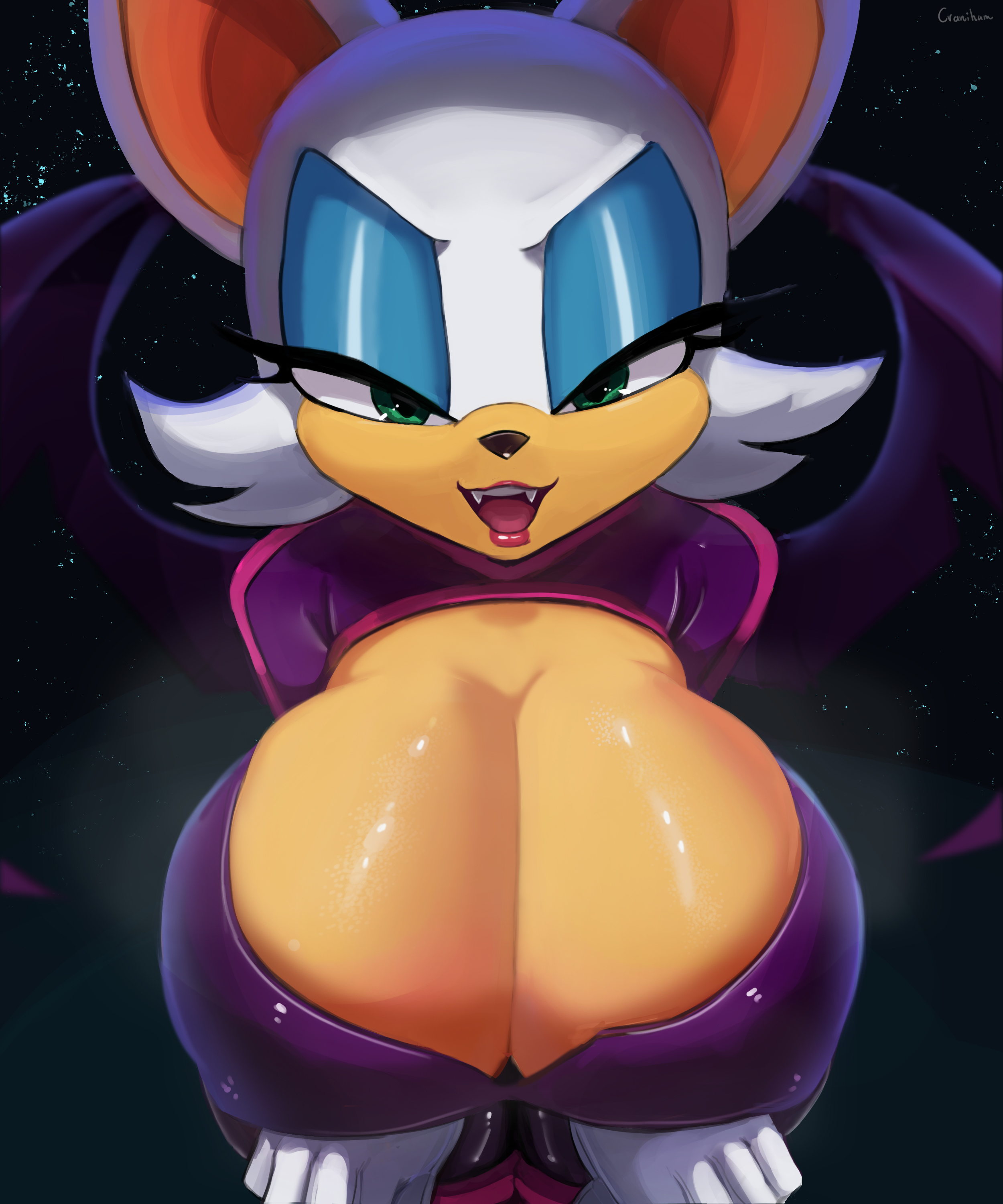 1girls, alternate version available, animal ears, bat ears, bat wings, big breasts, breasts, cleavage, cleavage cutout, cranihum, eye contact, eyeshadow, female, female only, furry, furry only, gloves, green eyes, half-closed eyes, huge breasts, lipstick, looking at viewer, netflix, red lipstick, rouge the bat, rouge the bat (prime), solo, sonic (series), sonic prime, sonic the hedgehog (series), upper body, white fur