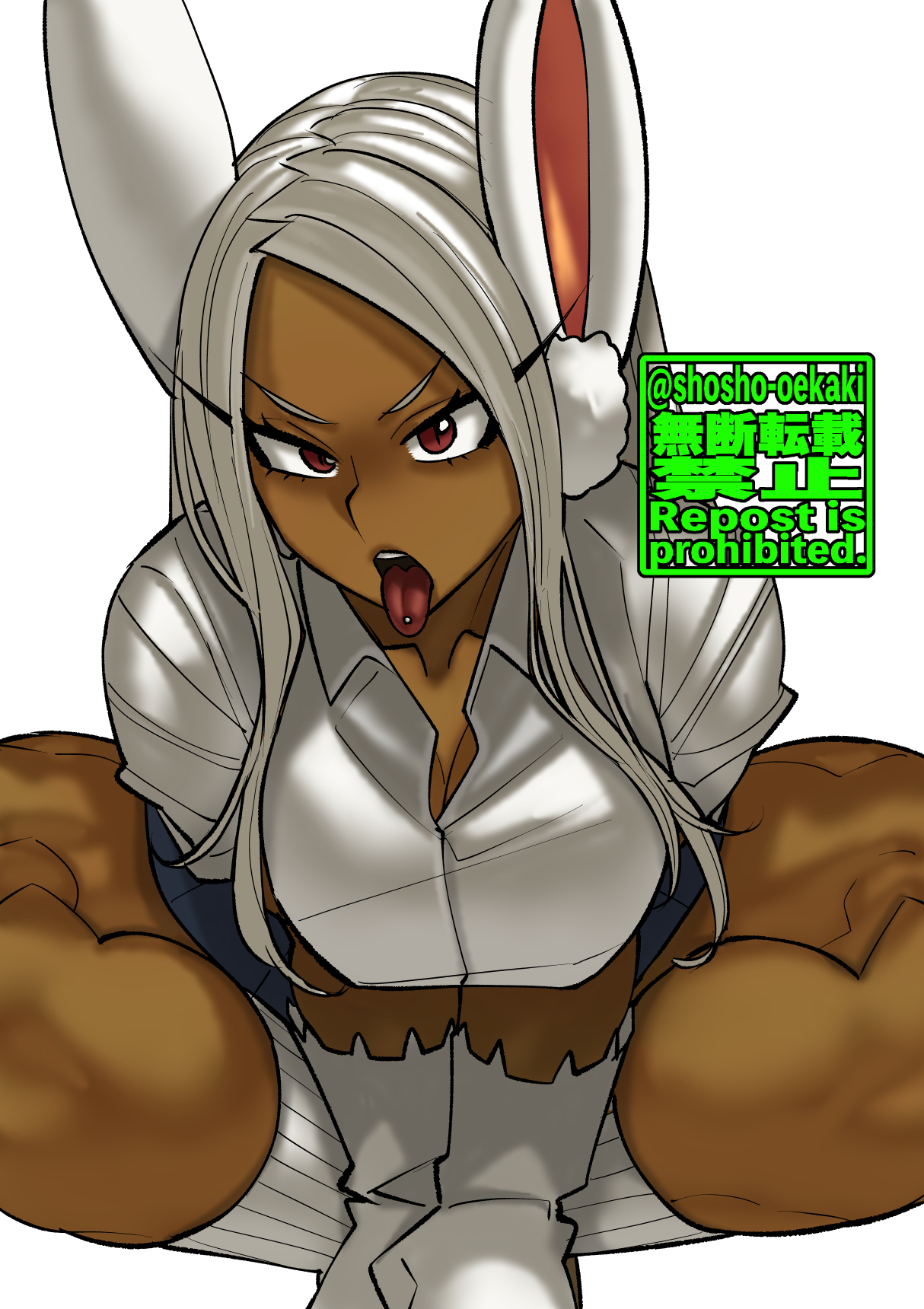 1girls, animal ears, bunny ears, dark skin, dark-skinned female, eyelashes, female, female only, gloves, long hair, looking at viewer, miruko, muscular, muscular female, my hero academia, open mouth, pierced tongue, piercing, red eyes, rumi usagiyama, school uniform, shosho oekaki, sitting, skirt, solo, thick thighs, thighs, tongue, tongue out, tongue piercing, white hair