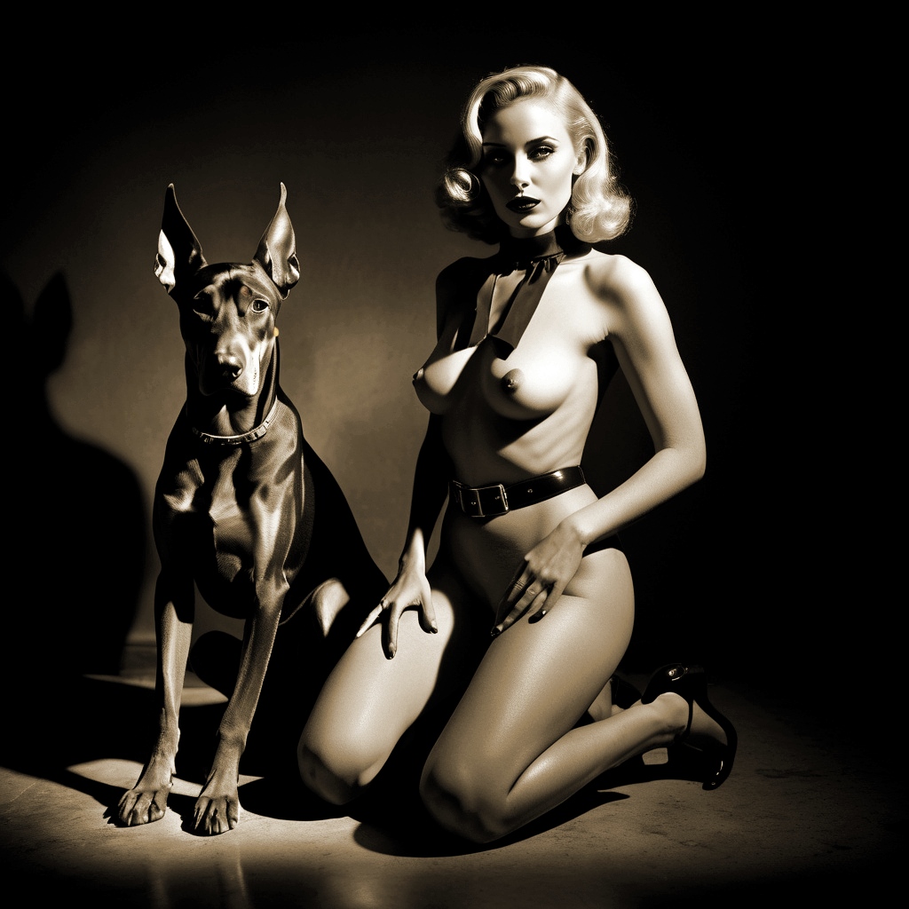 3d ai_generated blonde_hair canine dobermann film_noir high_heels implied_bestiality kneeling medium_breasts model naked_female old_photograph photo photoshoot slim_waist stable_diffusion