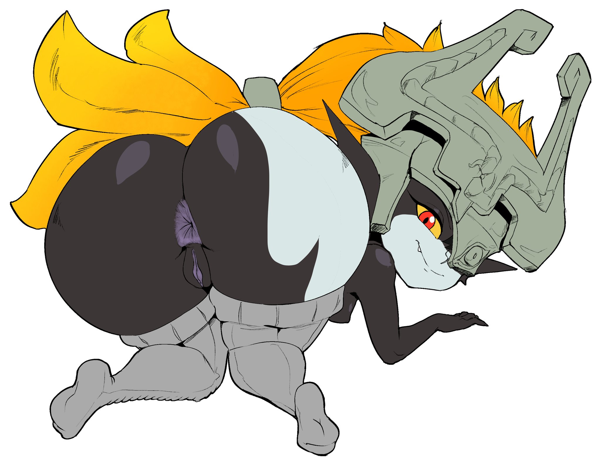 1girls, all fours, anus, ass, big ass, breasts, bubble ass, bubble butt, eye contact, female, female only, flat chest, flat chested, huge ass, humanoid, imp, imp midna, legwear, looking at viewer, looking back, midna, nintendo, pear shaped, pear shaped female, pear-shaped figure, pussy, red eyes, shortstack, smaller female, solo, the legend of zelda, thecon, thighhighs, thighs, twilight princess, two-tone body