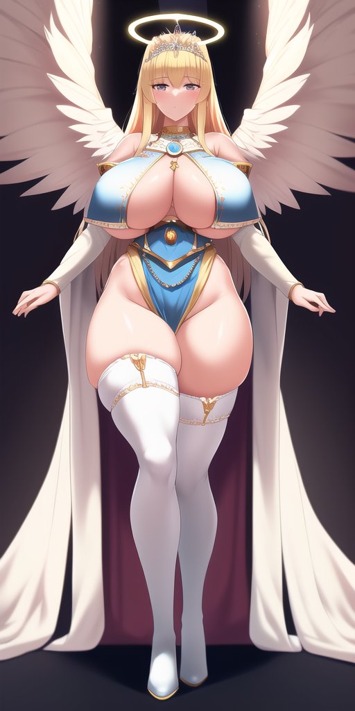 1girls, ai generated, angel, angel wings, big breasts, breasts, female, female only, halo, nai diffusion, original, original character, royalty, solo, stable diffusion, tiara, wings