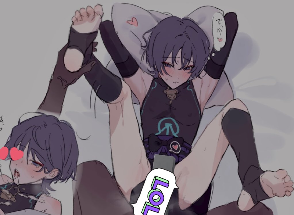 2boys blush censored cum cum_in_mouth cum_inside cum_on_face cum_on_tongue dark_purple_eyes femboy gay genshin_impact girly hands_behind_head indigo_hair laying_on_bed leg_grab legs_held_open legs_up male_only open_mouth purple_hair scaramouche_(genshin_impact) tagme tongue tongue_out yaoi