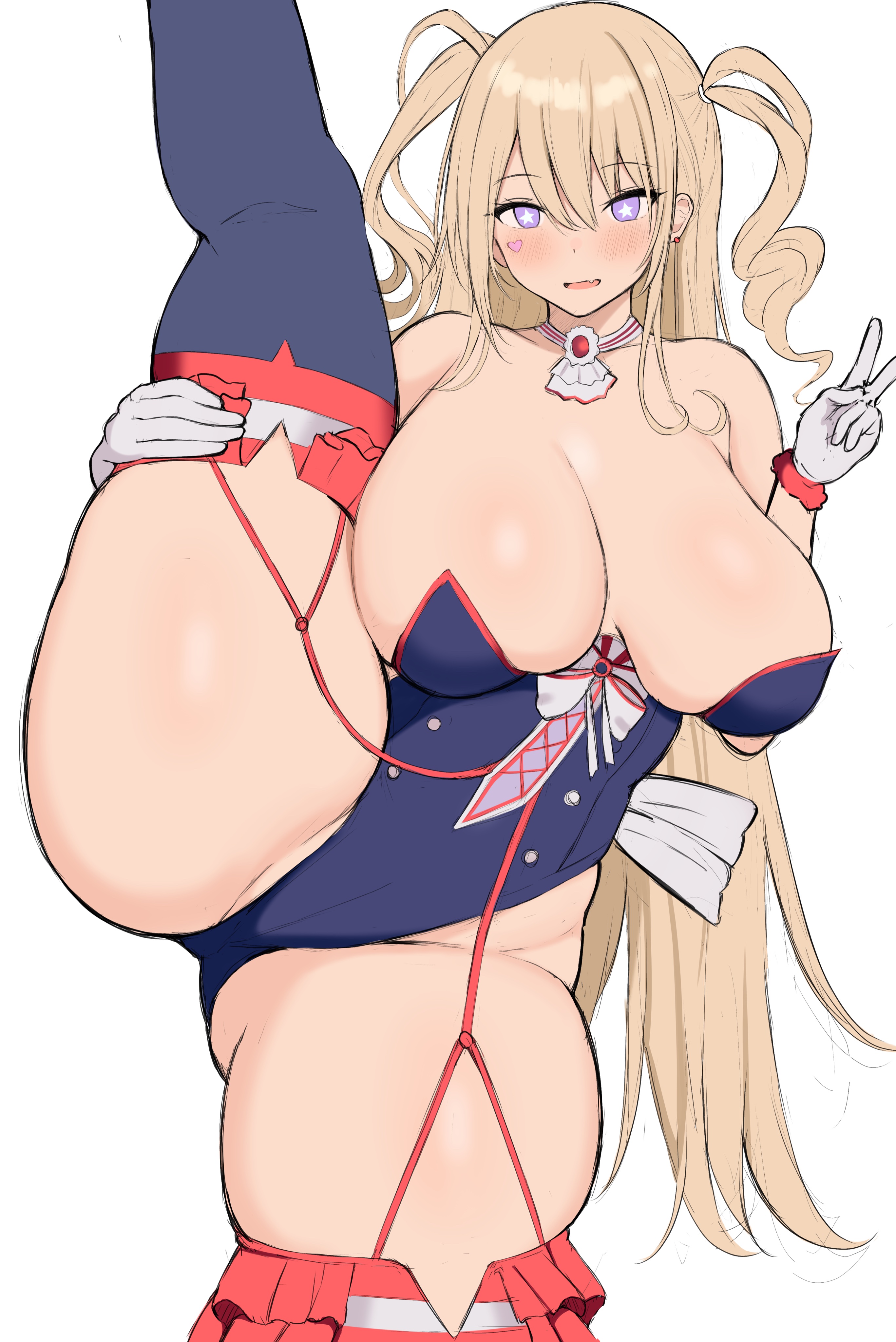 1girls, azur lane, blue eyes, breasts, eagle union (azur lane), female, female only, guam (azur lane), guam (stage-setting charmer) (azur lane), hi res, highleg leotard, huge breasts, leotard, light skin, light-skinned female, long hair, neneneji, sketch, slightly chubby, solo, standing split, thick thighs, twintails