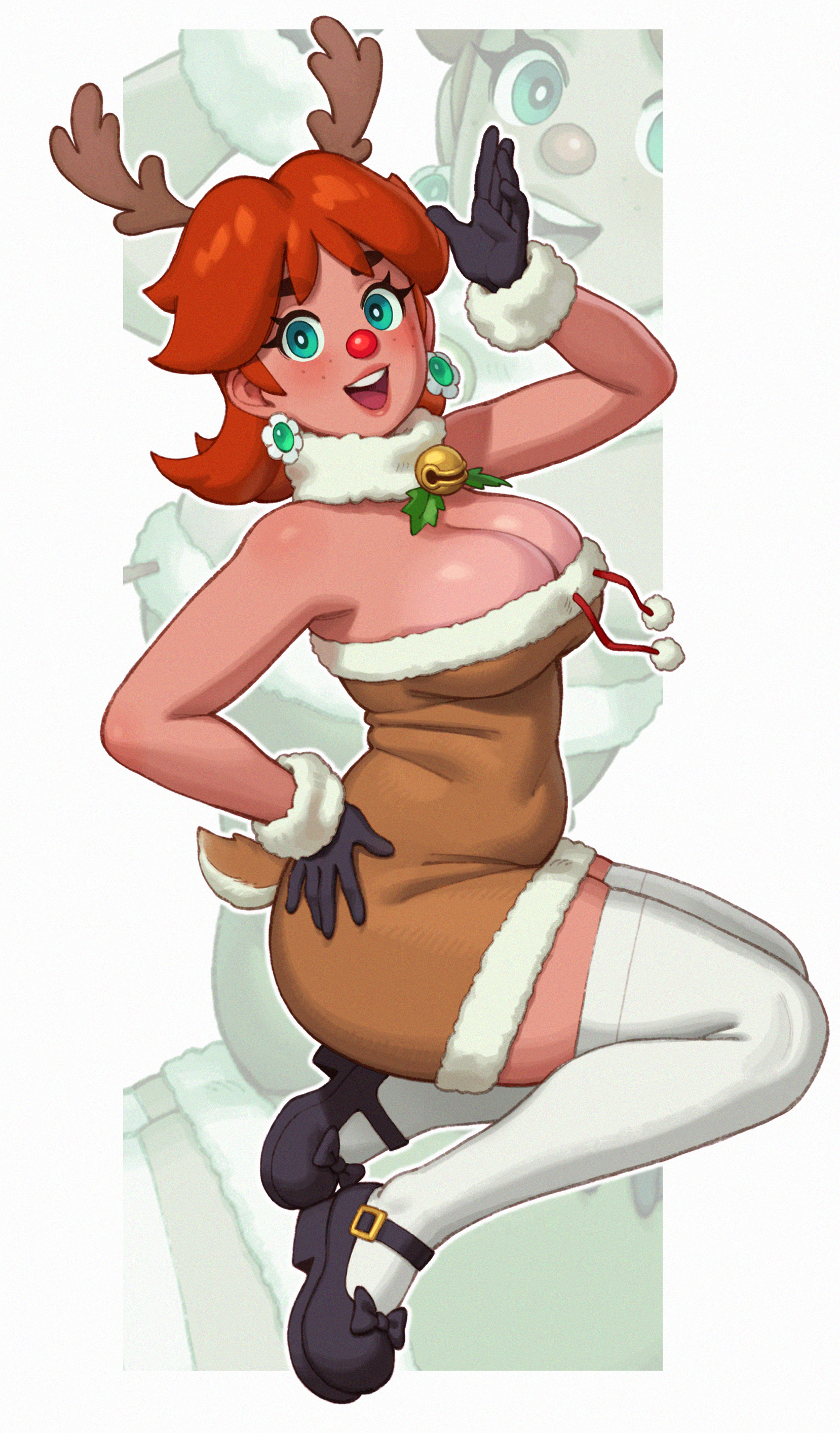 1girls, 2023, bimbo, blue eyes, breasts, brown hair, christmas, cleavage, clothing, female, female only, huge breasts, large breasts, light skin, light-skinned female, long hair, looking at viewer, mario (series), nintendo, open mouth, orange hair, princess daisy, reindeer costume, rizdraws, simple background, smile, solo, source request, white background