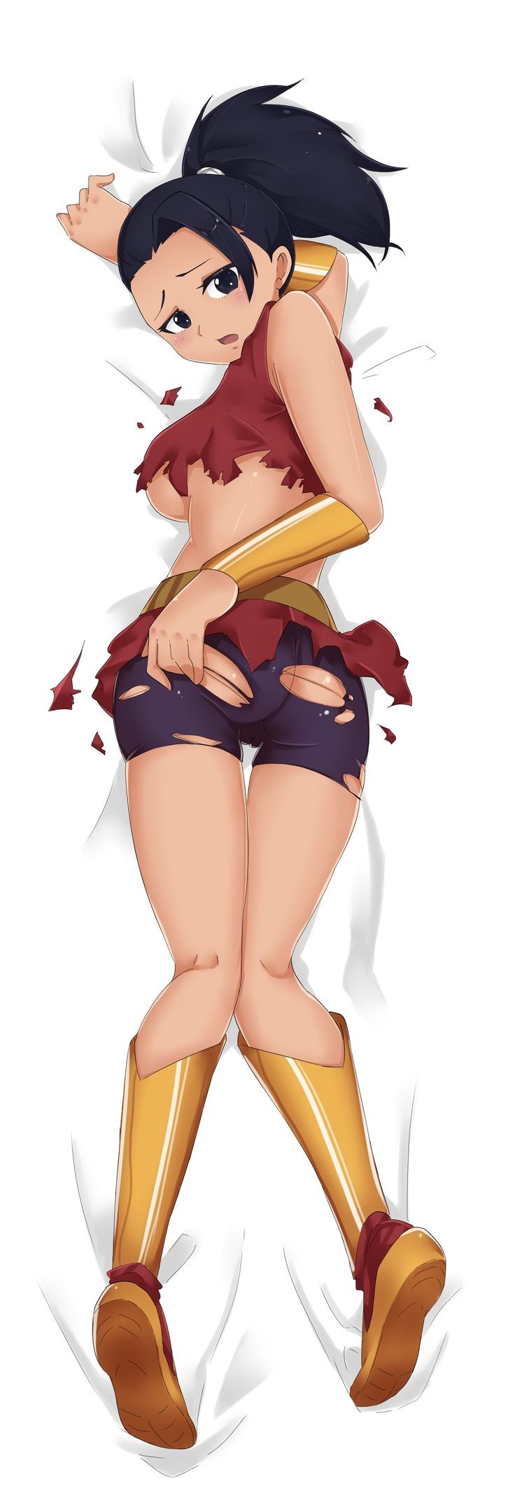 1girls, artist name, artist request, ass, black eyes, black hair, breasts, cameltoe, dakimakura, dragon ball, dragon ball super, female, female saiyan, kale, laying on stomach, legs, looking at viewer, looking back, pussy, shorts, sideboob, solo, thighs, torn clothes, torn clothing, universe 6, universe 6/universe 7