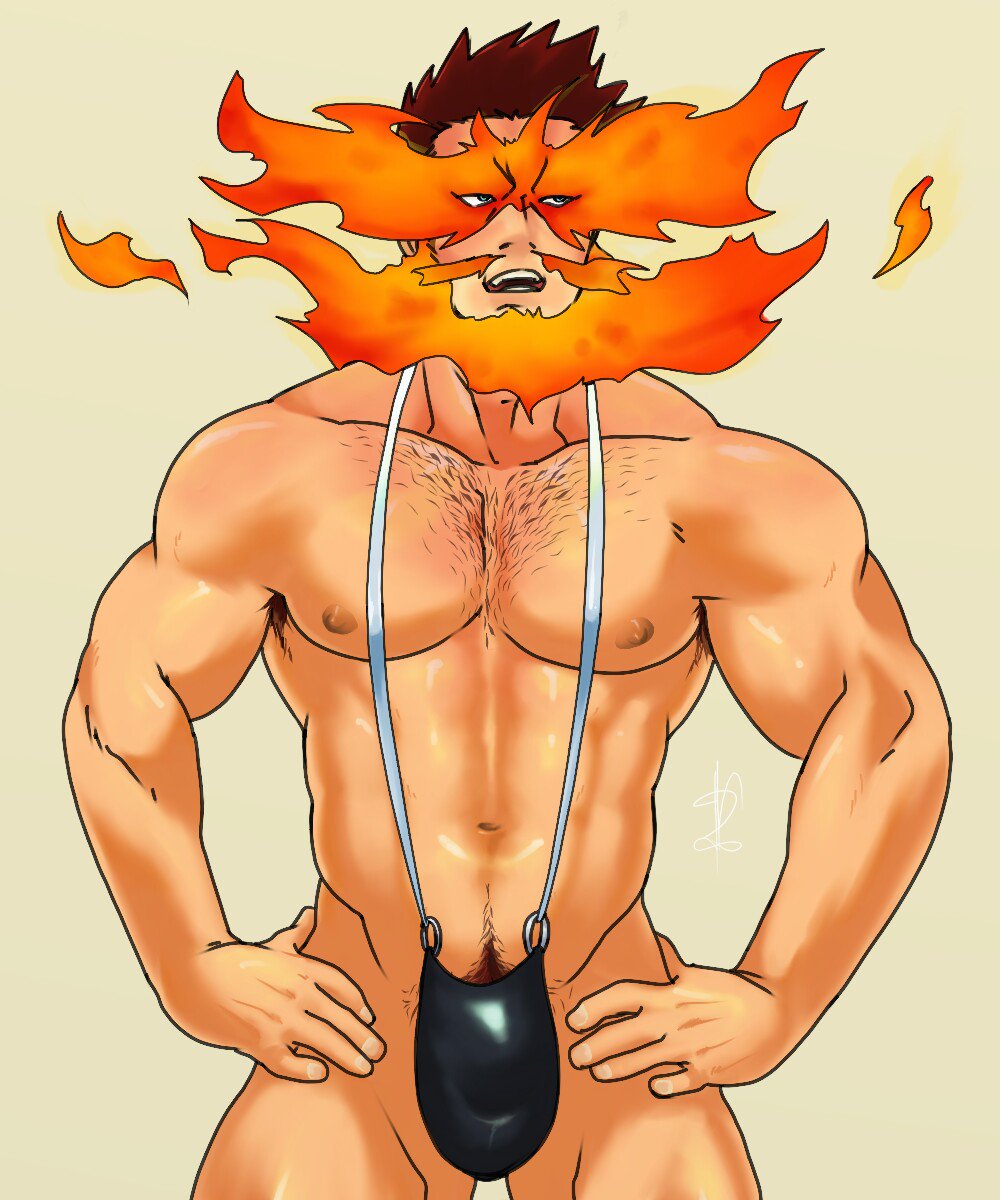 banana_hammock bara black_mankini bulge chest_hair devince endeavor_(my_hero_academia) enji_todoroki facial_hair fire male male_only mankini muscles muscular my_hero_academia solo solo_male white_mankini