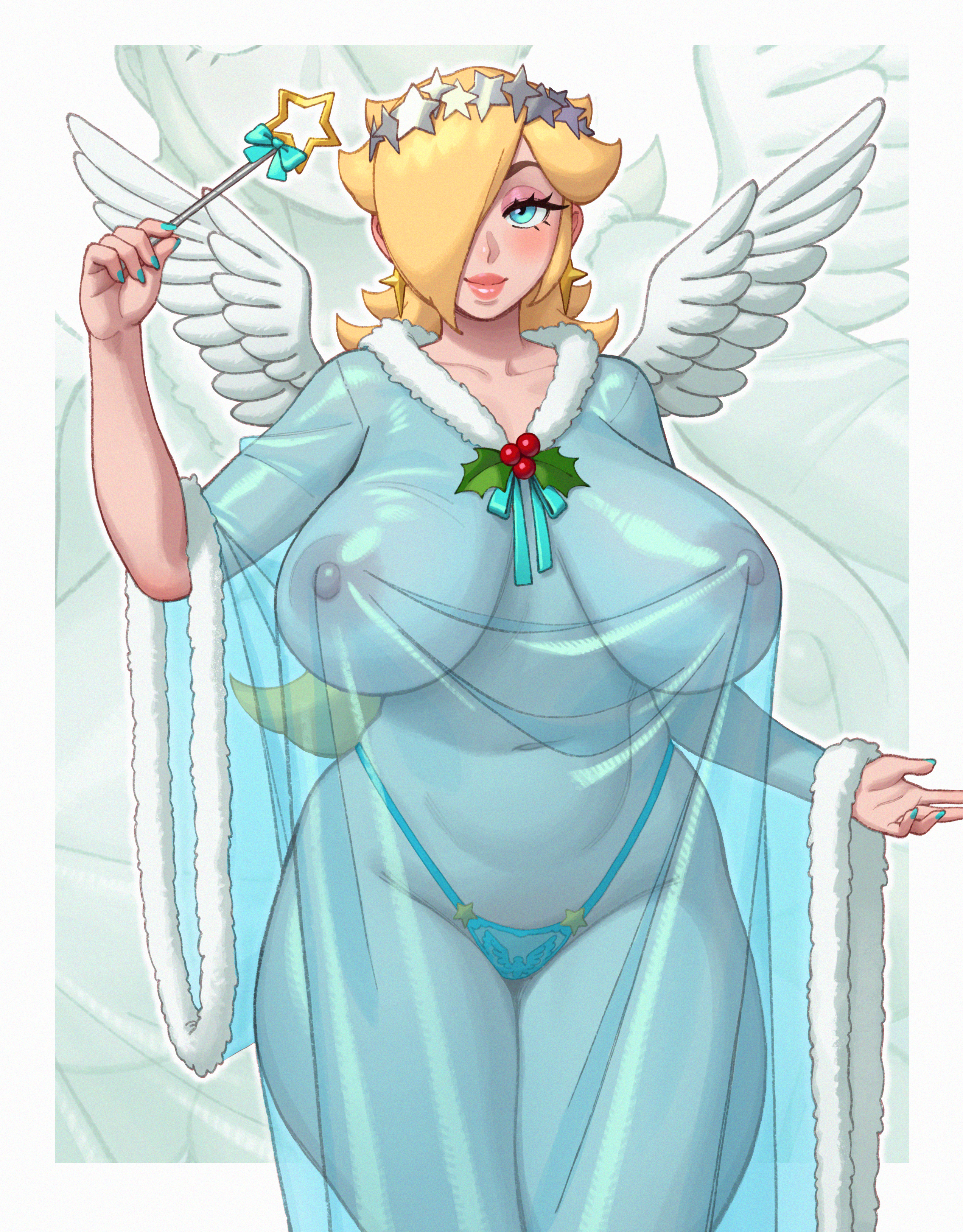 1girls, alternate breast size, ass, big areola, big ass, big breasts, big nipples, bimbo, blonde hair, blue eyes, breasts, christmas, clothed, curvy, erect nipples, female, female focus, female only, hair over one eye, huge breasts, mario (series), massive breasts, naughty face, nintendo, nipples, no bra, princess rosalina, rizdraws, see-through, see-through clothing, see-through dress, sideass, simple background, slightly chubby, super mario galaxy, thick lips, thong, useless clothing, voluptuous, wings