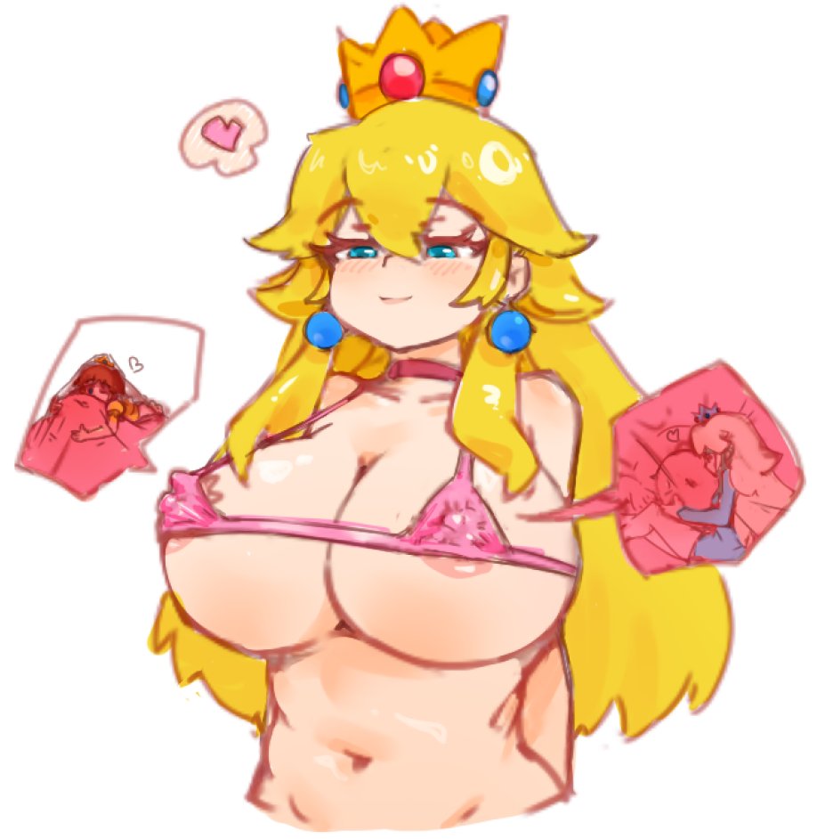 3girls blonde_hair blue_eyes breasts choker cleavage crown earrings erect_nipples female female_only giantess girls_only half-closed_eyes heart licking_nipples long_hair mario_(series) micro micro_bikini minigirl multiple_girls nintendo nipples pink_bikini princess_daisy princess_peach princess_rosalina simple_background smile swimsuit white_background yuri zoey_mini