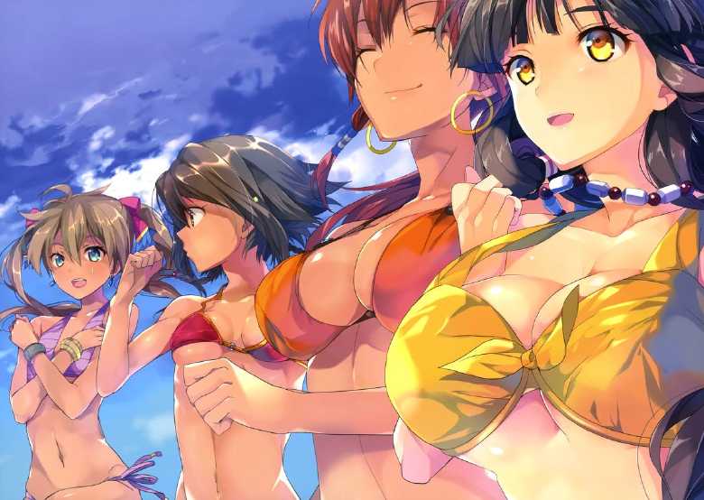 amy_(suisei_no_gargantia) aqua_eyes bare_arms bare_midriff bare_shoulders bellows_(suisei_no_gargantia) belly_button big_breasts bikini bikini_bottom bikini_top black_hair blonde_hair blue_earrings blue_eyes bracelet bracelets brown_hair cleavage closed_eyes cloud earrings embarrassed hair_ribbon hairclips hazel_eyes hoop_earrings inner_sideboob long_hair medium_breasts melty_(suisei_no_gargantia) midriff navel necklace orange_bikini orange_bikini_top pearl_necklace pink_bikini pink_bikini_bottom pink_bikini_top pink_ribbon ponytail red_bikini red_bikini_top red_hair red_hairclip red_ponytail ribbon ribbon_in_hair saaya_(suisei_no_gargantia) short_hair small_boobs small_breasts suisei_no_gargantia twintails underboob yellow_bikini yellow_bikini_top