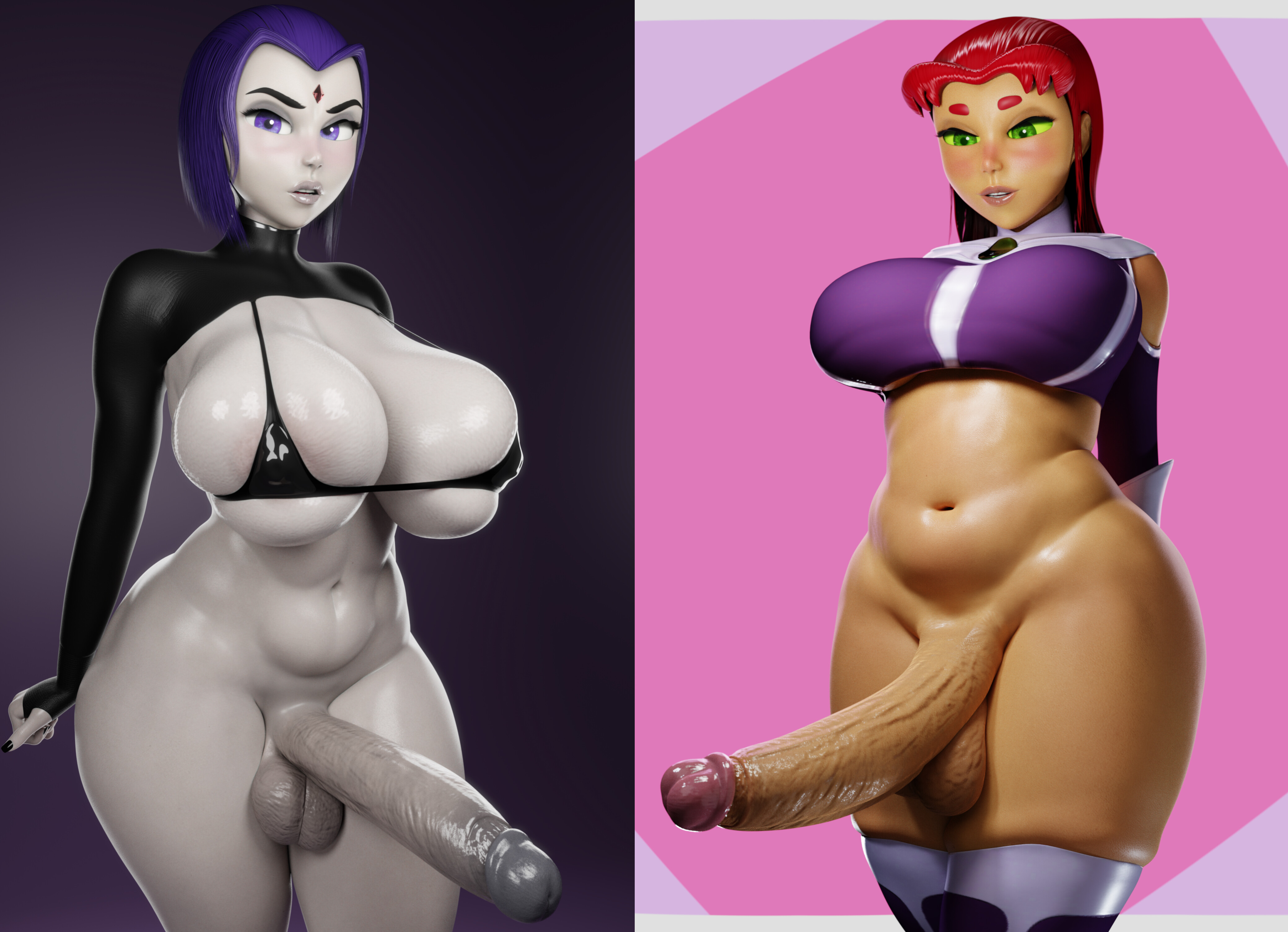2024, 2futas, 3d, alien, alien futa, balls, big balls, big breasts, big penis, big thighs, blender, breasts, busty, chubby, chubby female, curvy, dc, dc comics, demon, demon futa, edit, erect penis, eye contact, female, futa only, futanari, goth, goth futa, green eyes, grey body, grey skin, hd, high quality, high resolution, highres, horny, huge breasts, huge cock, intersex, large thighs, looking at viewer, looking back, micro bra, naughty, naughty face, orange body, orange skin, pale skin, pale-skinned futa, partially clothed, penis, penis on penis, purple eyes, purple hair, raven (dc), red hair, screencap, seducing, seduction, sensual, skin tight, smile, smiling at viewer, starfire, superheroine, teen titans, thick penis, tight clothing, veiny penis, voluptuous, voluptuous body, voluptuous futa, zzzxxxccc