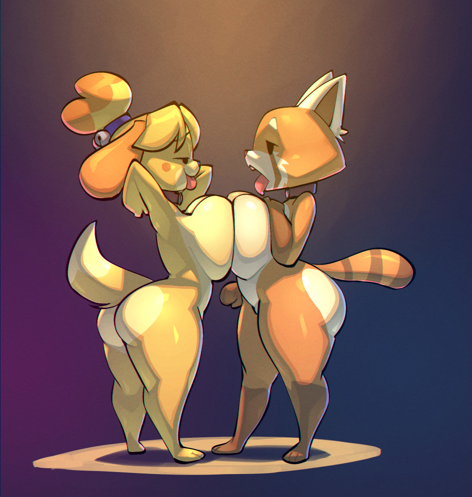 2girls aggressive_retsuko animal_crossing arms_behind_back arms_up ass big_ass big_breasts bigdad blonde_hair breast_press breasts breasts_squeezed_together canine crossover dog_ears feet female female_only furry humanoid isabelle_(animal_crossing) large_breasts looking_at_another nintendo nude open_mouth retsuko sanrio short_hair shortstack tail thick_thighs tongue tongue_out yuri