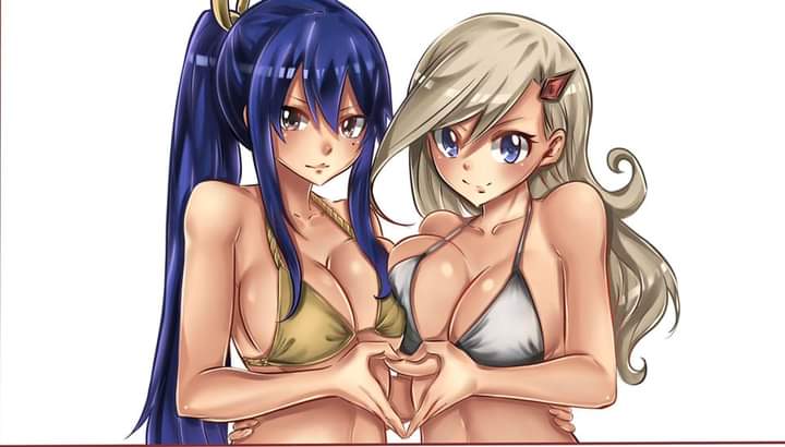 2girls artist_request big_breasts blonde_hair blue_eyes blue_hair breasts breasts_against_chest edens_zero female female_only girls hand_heart hand_on_ass hand_on_partner's_hip homura_kogetsu long_hair looking_at_viewer mole mole_under_eye pressing_breasts_together rebecca_bluegarden red_eyes swimsuit swimwear tagme upper_body