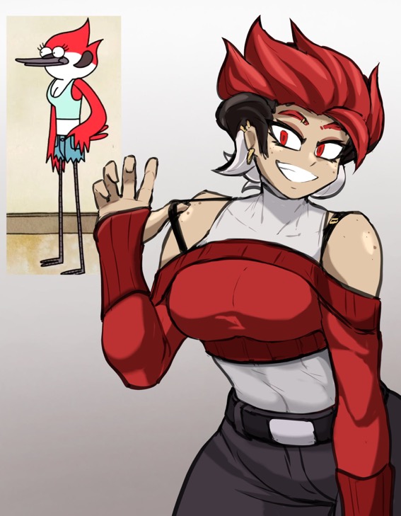 1girls, anthro, belt, black hair, breasts, cartoon network, earrings, female, fully clothed, humanized, jeans, large breasts, margaret smith (regular show), multicolored hair, red eyes, red hair, regular show, solo, white background, white hair, wide hips, zzzhodazzz