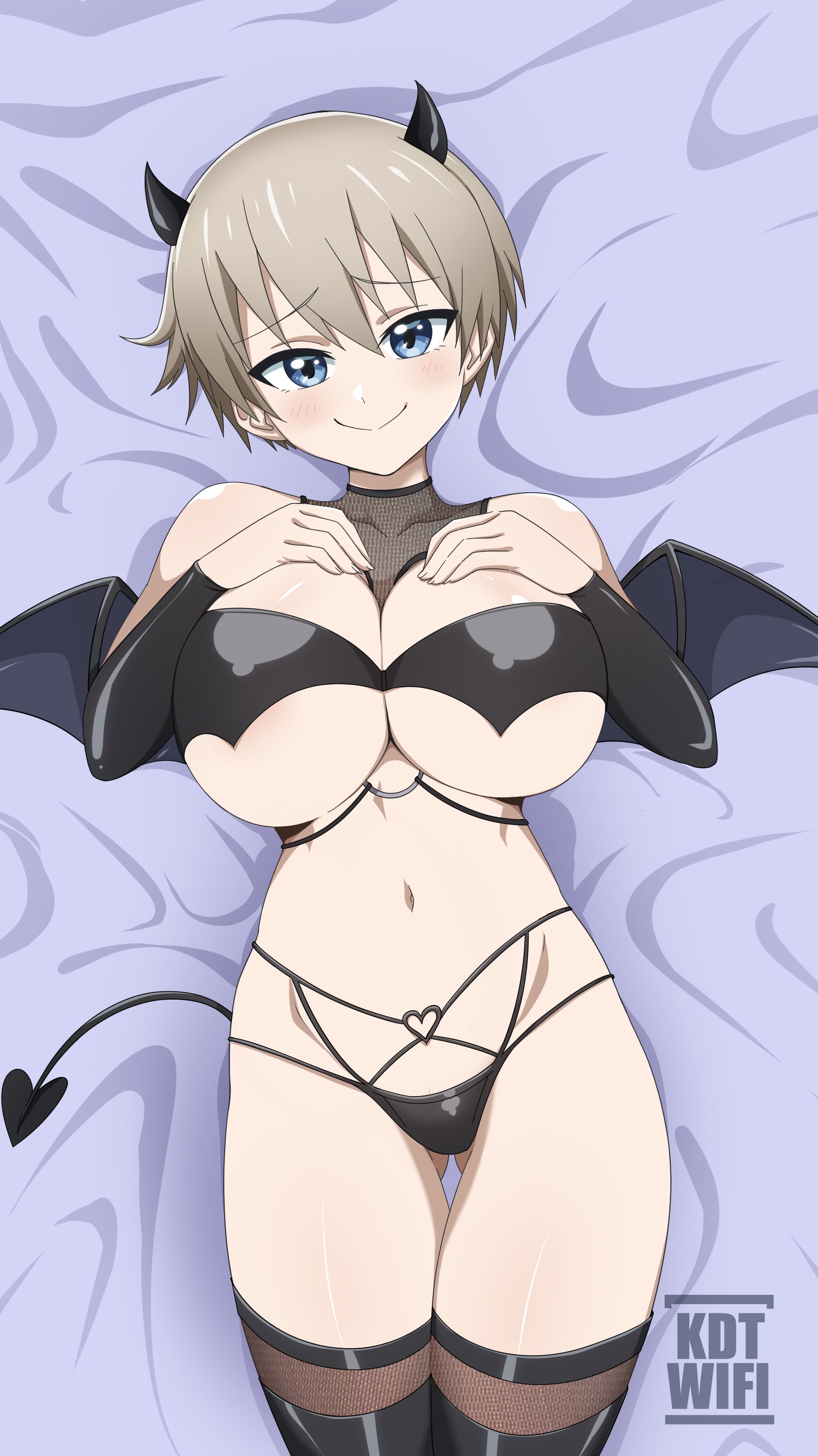 1girls, blue eyes, breasts, cosplay, demon, female, grey hair, huge breasts, kdtwifi, light skin, light-skinned female, lying on back, short hair, smile, succubus, succubus costume, tail accessory, thick thighs, thigh gap, thighs, uzaki hana, uzaki-chan wa asobitai!, wings