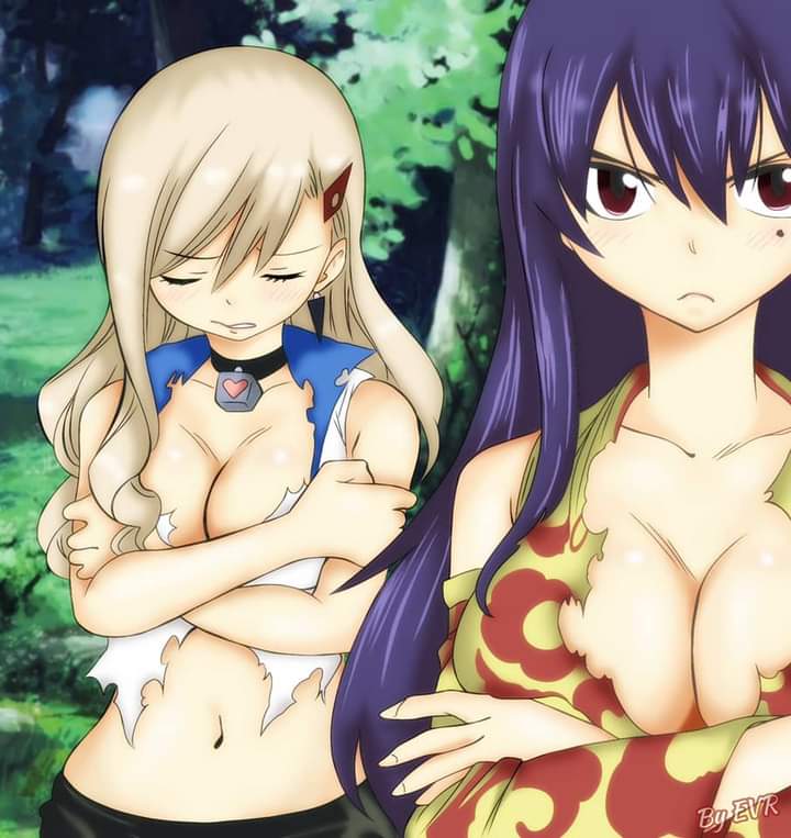 2girls b-cube b_cube big_breasts blonde_hair blue_eyes blue_hair breasts clothes covering_body covering_breasts edens_zero embarrassed excalibur_overdrive female female_only girls homura_kogetsu long_hair mole mole_under_eye rebecca_bluegarden red_eyes ripped_clothes ripped_clothing ripped_shirt tagme torn_clothes