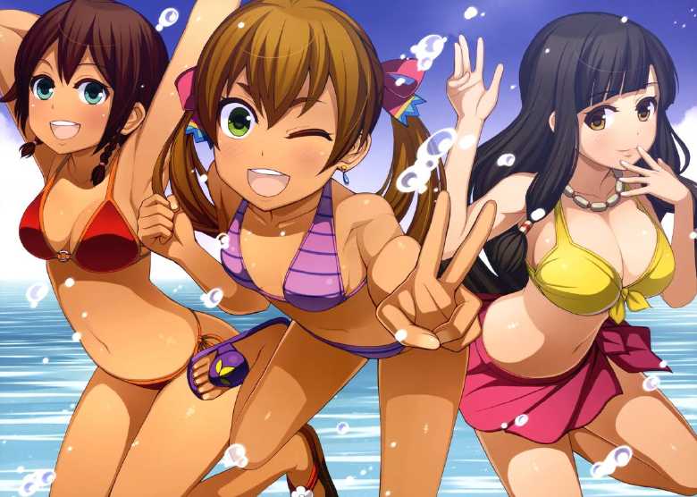 amy_(suisei_no_gargantia) aqua_eyes bare_arms bare_legs bare_midriff bare_shoulders bare_thighs barefoot belly_button big_breasts bikini bikini_bottom bikini_scarf bikini_top black_hair blonde_hair blue_earrings brown_hair cleavage earrings green_eyes hair_ribbon hairclip hazel_eyes in_water long_hair medium_breasts melty_(suisei_no_gargantia) midriff navel necklace pearl_necklace pink_bikini pink_bikini_bottom pink_bikini_scarf pink_ribbon pink_sandals red_bikini red_bikini_bottom red_bikini_top red_hairclip red_sandals ribbon ribbon_in_hair saaya_(suisei_no_gargantia) sandals short_hair small_boobs small_breasts suisei_no_gargantia thick_thighs tied_hair twintails wink winking winking_at_viewer yellow_bikini yellow_bikini_top