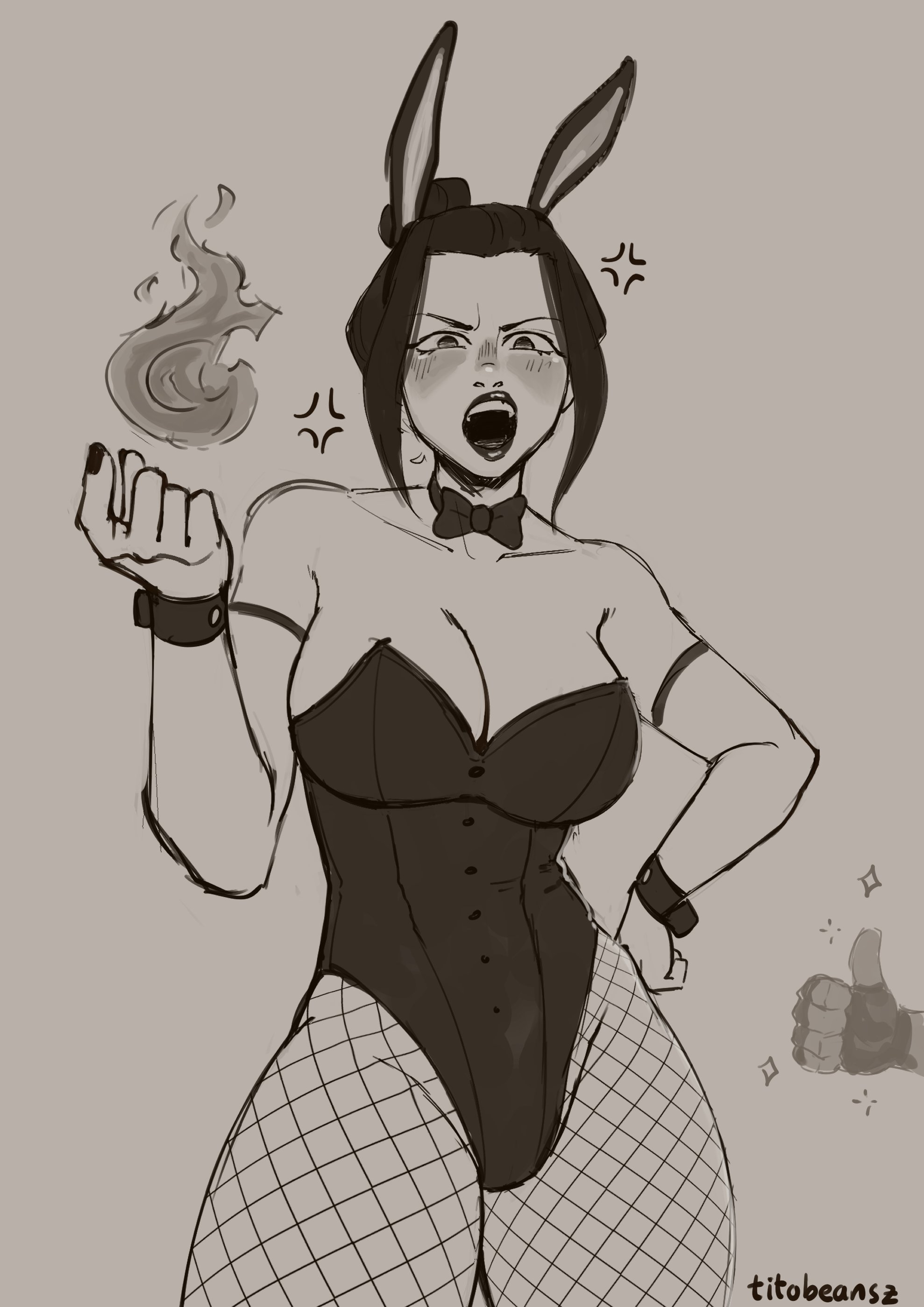 alternate costume, angry, annoyed, artist name, avatar the last airbender, azula, blush, breasts, bunny ears, bunny girl, bunnysuit, cleavage, clothing, female, fire, firebending, large breasts, sketch, sketch page, sokka, thumbs up, titobeansz, unseen character, vein, veiny