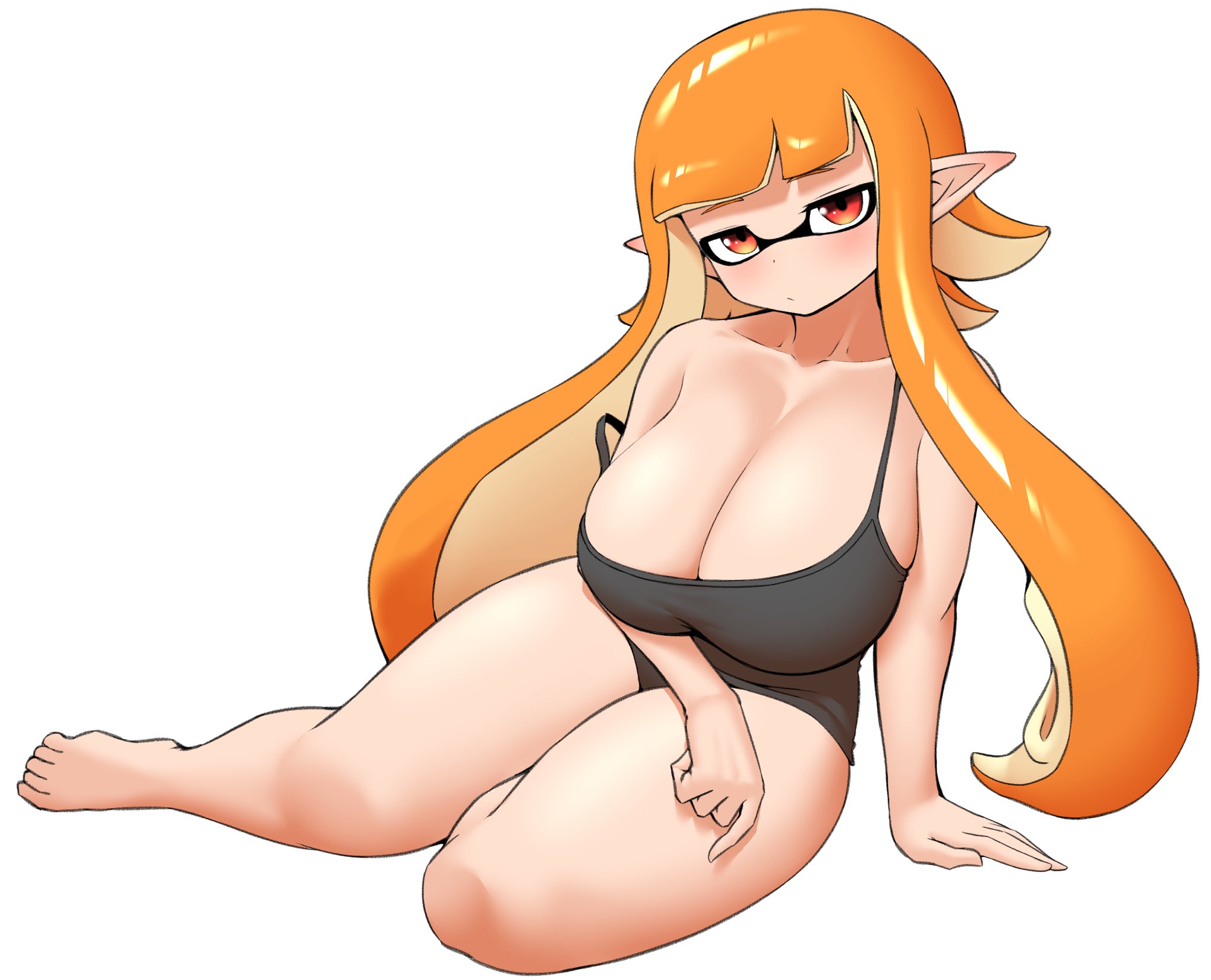 1girls, alternate breast size, breasts, cleavage, feet, female, huge breasts, inkling, inkling girl, kaori (splatoon), light skin, light-skinned female, long hair, nintendo, nobunagapero, orange hair, peronattu, splatoon, splatoon (series), tank top, tentacle hair