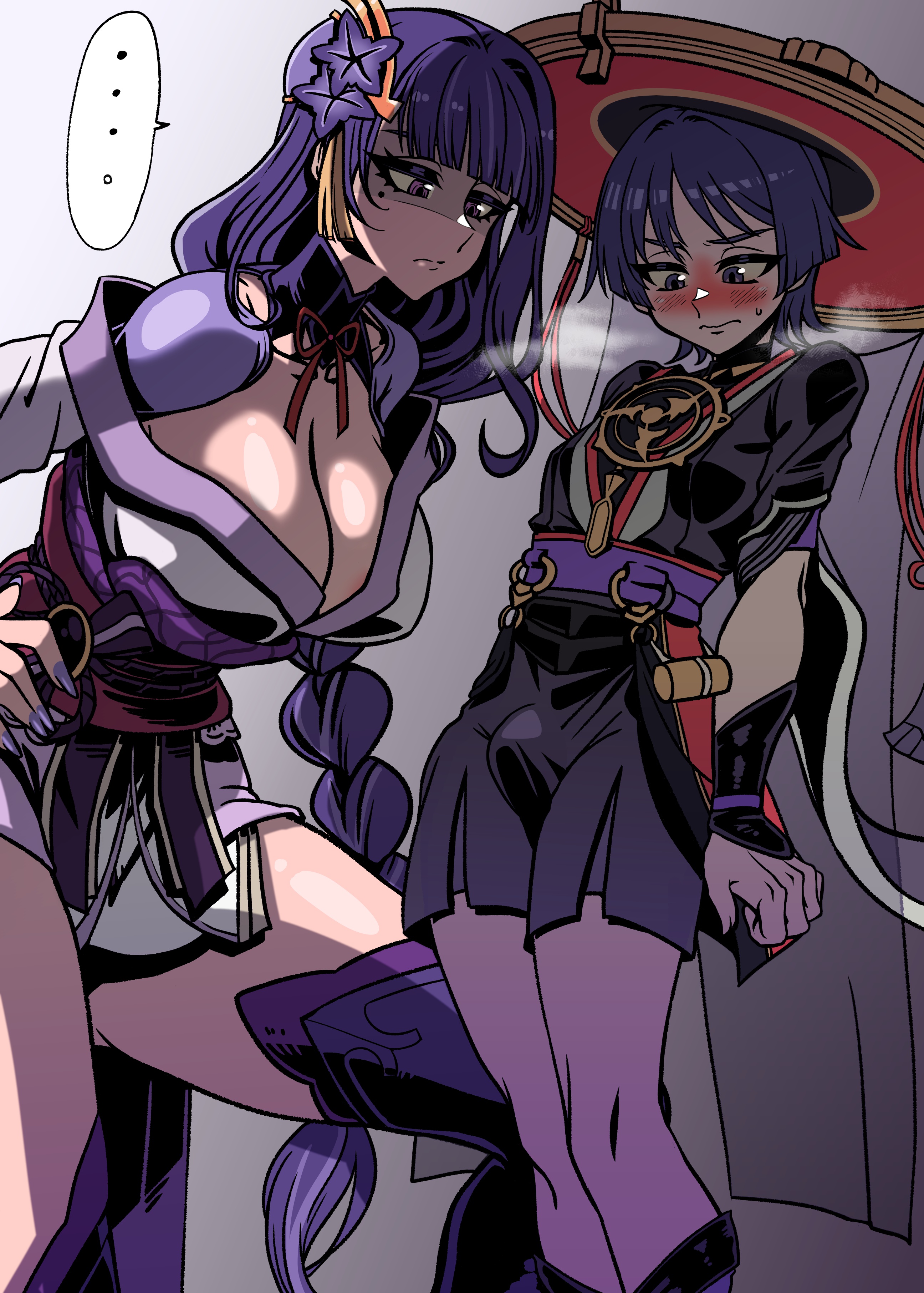 ..., 1boy, 1girls, big breasts, bigger female, blood related, blue hair, blush, braid, breasts, bulge, bulge through clothing, cleavage, closed mouth, clothed, clothing, embarrassed, erect penis, erection, erection under clothes, female, frown, ga320aaa, genshin impact, half-closed eyes, hand on hip, incest, japanese clothes, large breasts, long hair, looking down, male, male/female, milf, mole, mole under eye, mommy, mommy kink, mother and son, penis, purple hair, raiden shogun, scaramouche (genshin impact), size difference, smaller male, steamy breath, stockings, straight, thick thighs, thighhighs, very long hair, visible breath