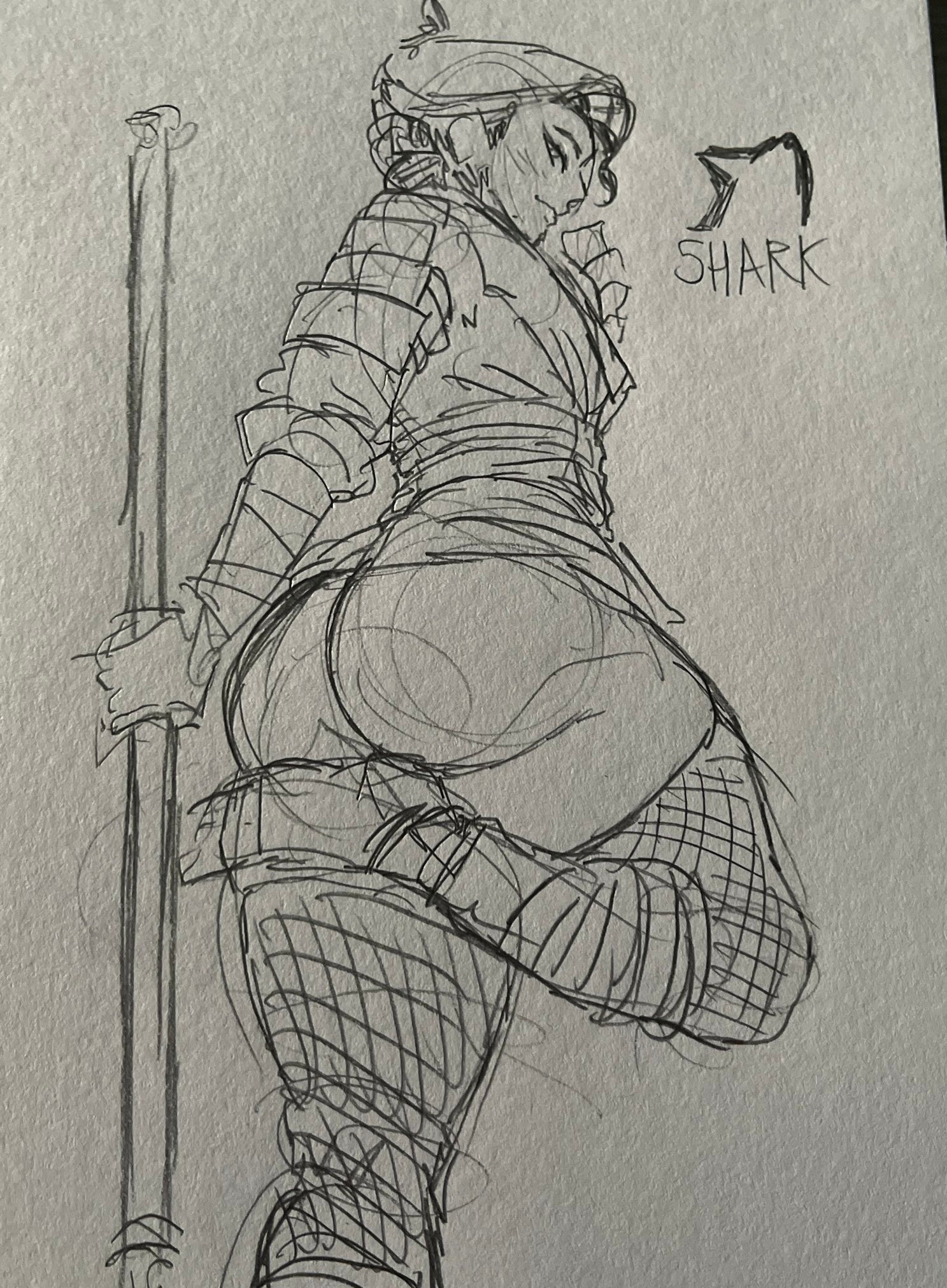 1boy, 1femboy, armor, armored femboy, asian, ass, caked up, fat ass, femboy, fishnets, for honor, holding weapon, humble shark, japanese, large ass, leg up, looking at viewer, male, monochrome, nobushi, rule 63, side view, sketch, smiling at viewer, stockings, traditional media (artwork)