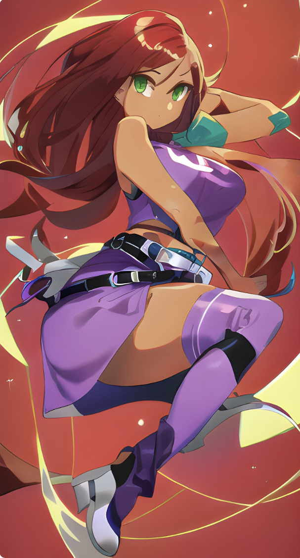 ai_generated coon8384 dc dc_comics pink_hair purple_crop_top purple_miniskirt starfire starfire_(teen_titans) thick_thighs thighhighs