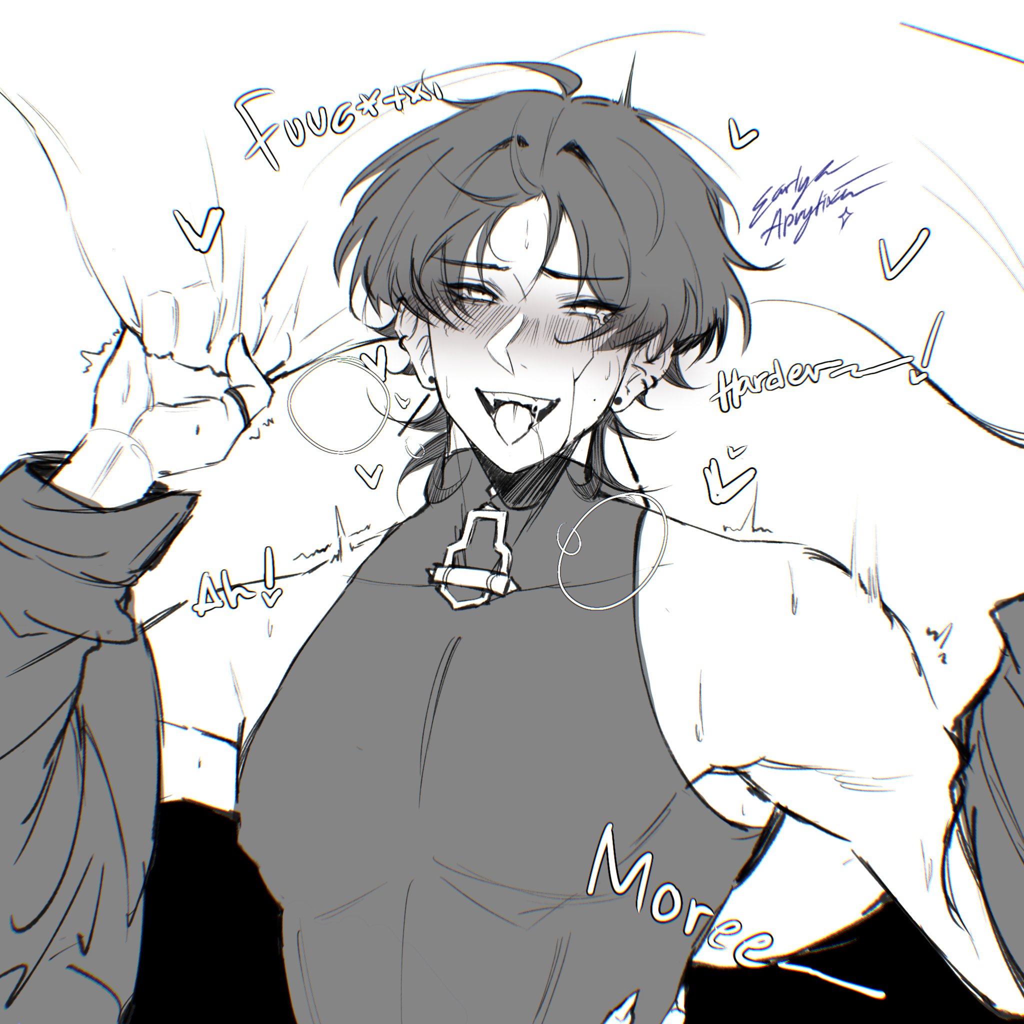 begging, begging for more, black and white, genshin impact, gripping pillow, gripping sheets, male, male only, male penetrating, male penetrating male, male/male, moaning, moaning in pleasure, ring, scaramouche (genshin impact), tight clothing, yaoi