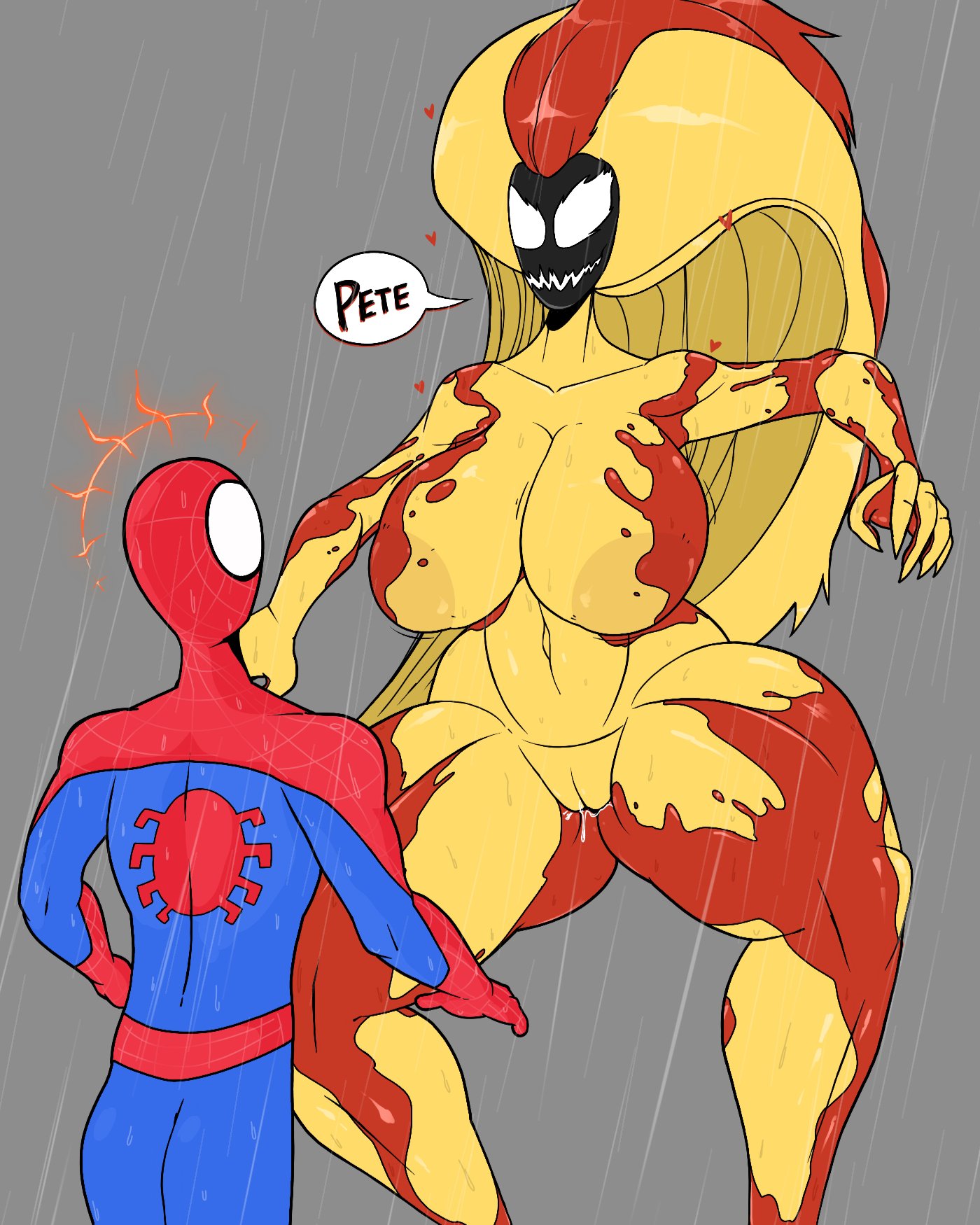 1boy, 1girls, alien, alien girl, big breasts, big hips, breasts, enormous breasts, female, gigantic breasts, heart, huge breasts, large breasts, large hips, long hair, male, marvel, marvel comics, mary jane watson, mary jane watson (insomniac), massive breasts, peter parker, pussy, rain, raining, scream (insomniac), scream (spider-man), spider-man, spider-man (ps4), spider-man (series), symbiote, text, theimmortalguy, voluptuous, voluptuous female, wanting sex, wet pussy, wide hips