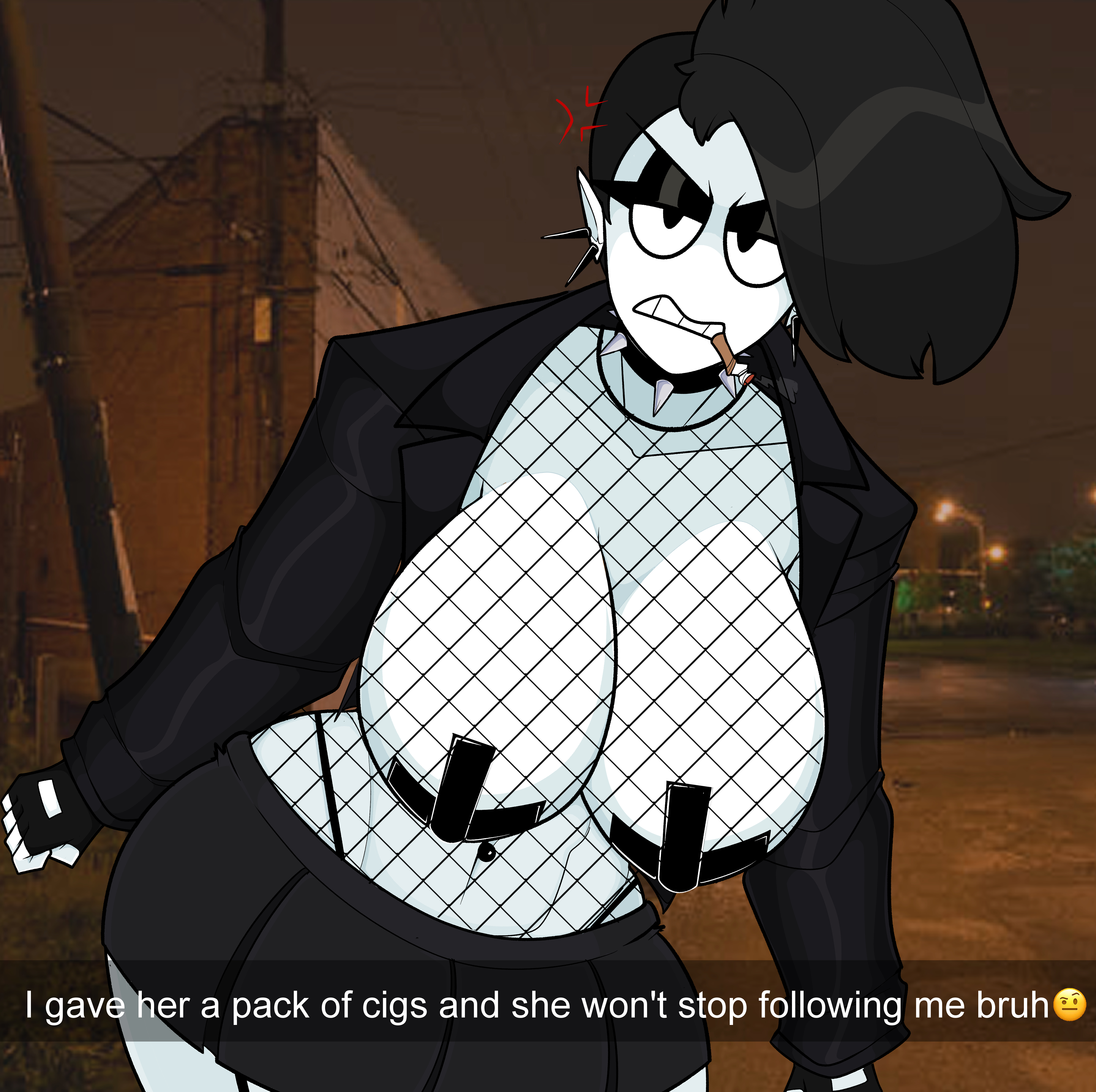 1girls, anger vein, angry, annoyed, big breasts, black hair, breasts, busty, caption, cigarette, collar, ear piercing, female, female only, fingerless gloves, fishnet shirt, fishnets, gloves, goth, goth girl, huge breasts, jacket, large breasts, looking at viewer, navel piercing, nipple tape, panties, piercing, punk, punk girl, saltynoodles, skirt, snapchat, solo, spiked collar, thick thighs, thong, veronica (saltynoodles), white skin, wide hips