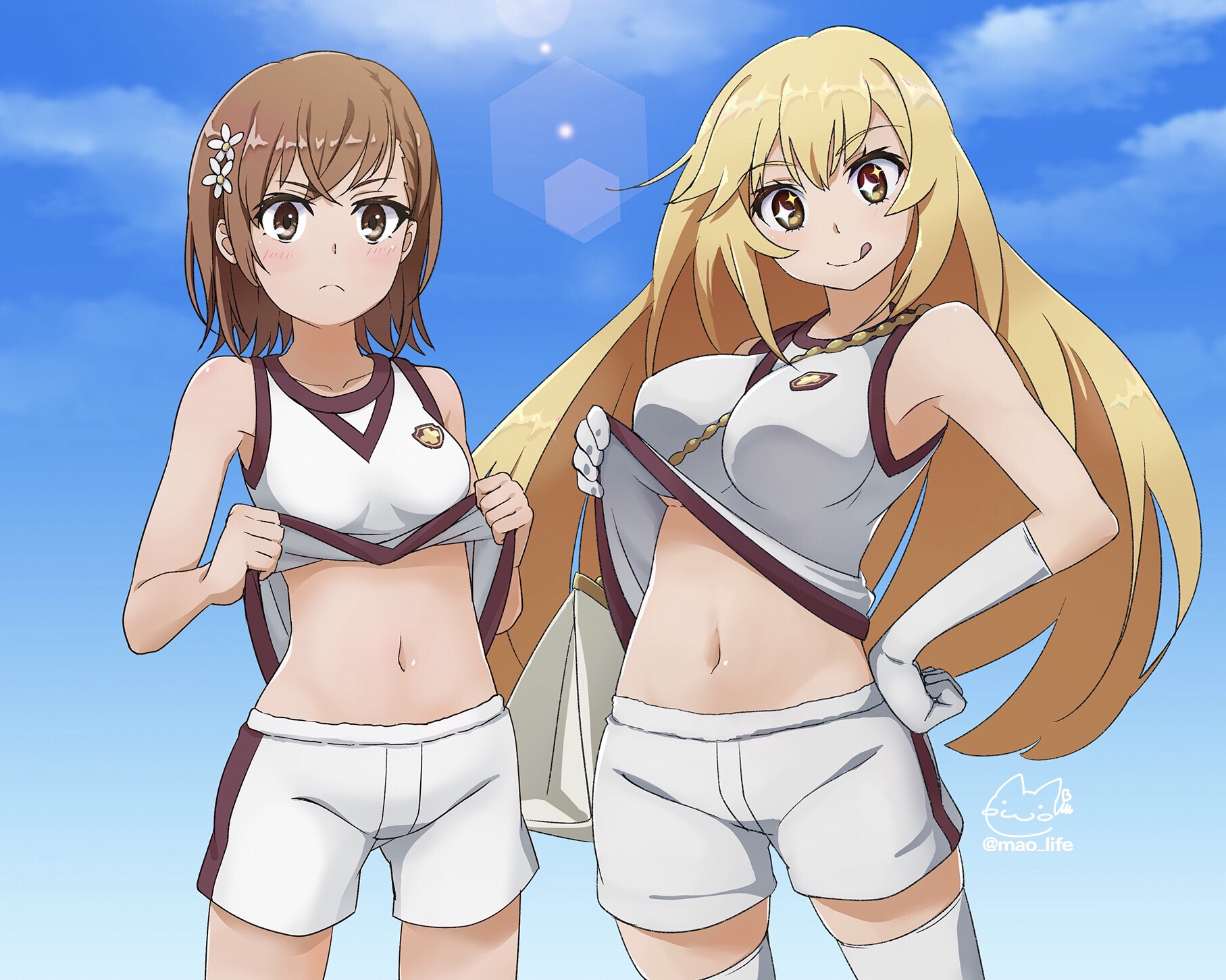 :<, :q, + +, 2020, 2020s, 2girls, armpits, bag, bangs, bare shoulders, between breasts, blonde hair, blue sky, blush, breasts, brown eyes, brown hair, clothes lift, cloud, collarbone, cowboy shot, crossed bangs, day, elbow gloves, female, flower, frown, gloves, groin, gym uniform, hair between eyes, hair flower, hair ornament, hand on hip, handbag, hi res, large breasts, lens flare, lifted by self, light skin, light-skinned female, long hair, looking at viewer, matching hair/eyes, midriff, misaka mikoto, miu (angelo whitechoc), multiple females, multiple girls, navel, no bra, outdoors, shirt, shirt lift, shokuhou misaki, short hair, shorts, signature, sky, sleeveless, sleeveless shirt, small breasts, smile, socks, standing, stomach, strap between breasts, symbol-shaped pupils, teenage female, teenager, thigh socks, thighhighs, to aru kagaku no railgun, to aru majutsu no index, tongue, tongue out, twitter username, white gloves, white shirt, white shorts, white socks, white thighhighs, yellow eyes, young