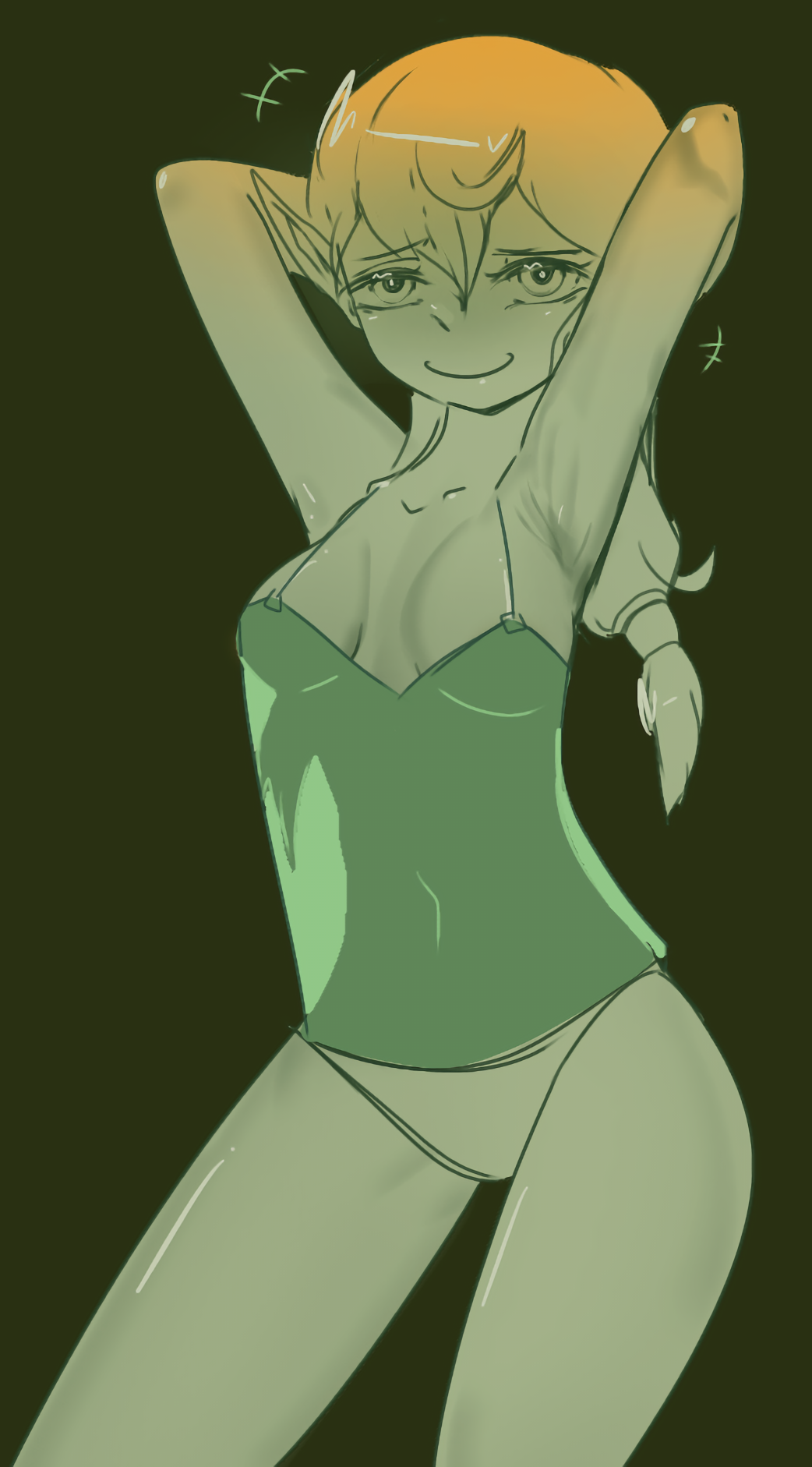 1girls 2023 2d 2d_(artwork) armpit arms_behind_head arms_up bangs brawlhalla clothing dark_background elf elf_ears elf_female elf_girl ember_(brawlhalla) female female_only green_background hobin_ looking_at_viewer orange_hair panties see-through_clothing smile solo solo_female solo_focus tagme tied_hair topwear video_games