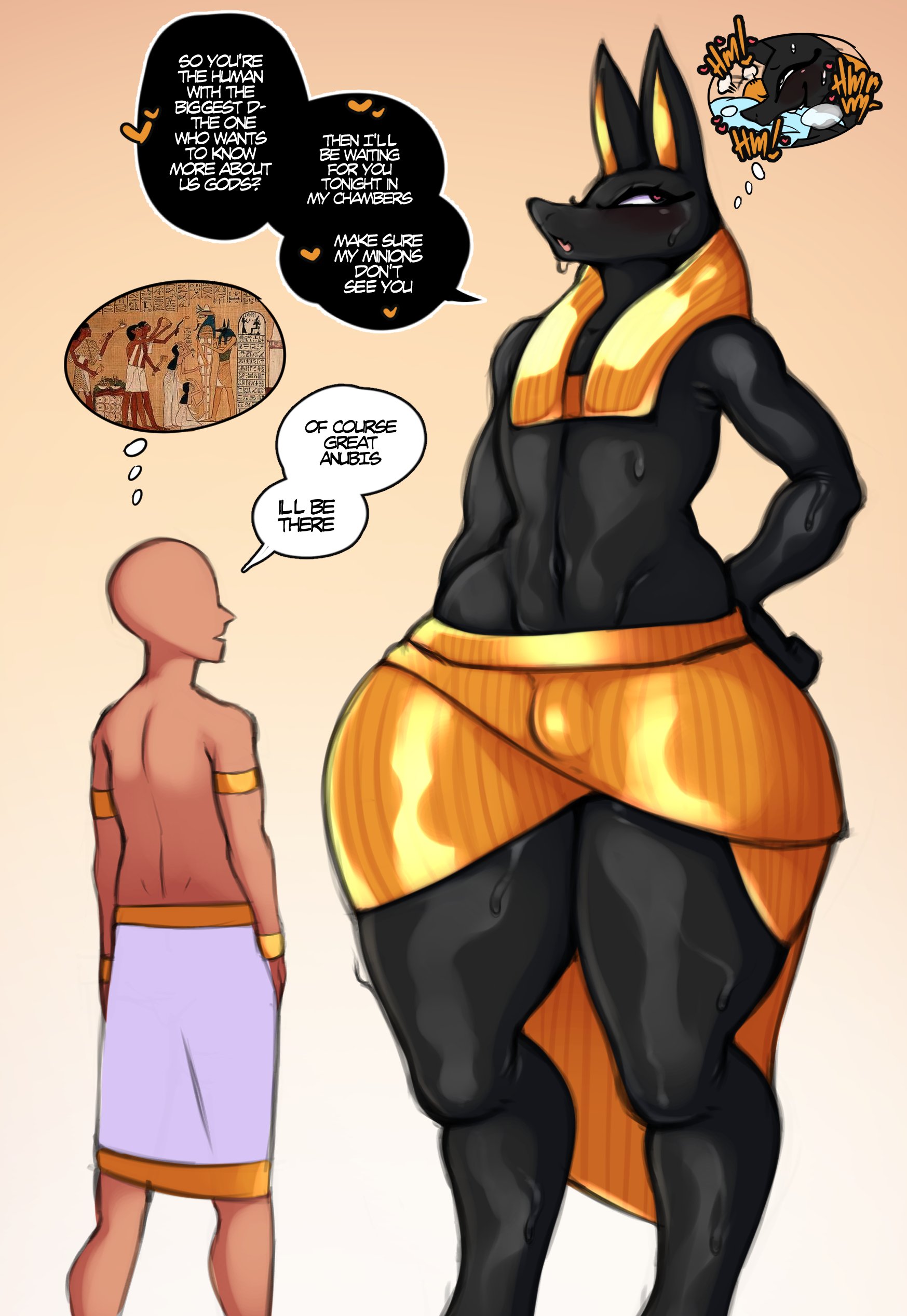 2boys, anon, anonymous male, anthro, anubian jackal, anubis, black body, canine, deity, dialogue, egyptian, egyptian clothes, egyptian mythology, english text, femboy, femboy focus, feminine, feminine body, feminine male, feminine pose, girly, heart, height difference, hi res, imminent sex, jackal, larger femboy, light skin, light-skinned male, looking away, male, male focus, male only, mythology, public domain, saltyxodium, small dom big sub, speech bubble, sweatdrop, taller femboy, thick thighs, thought bubble, wide hips
