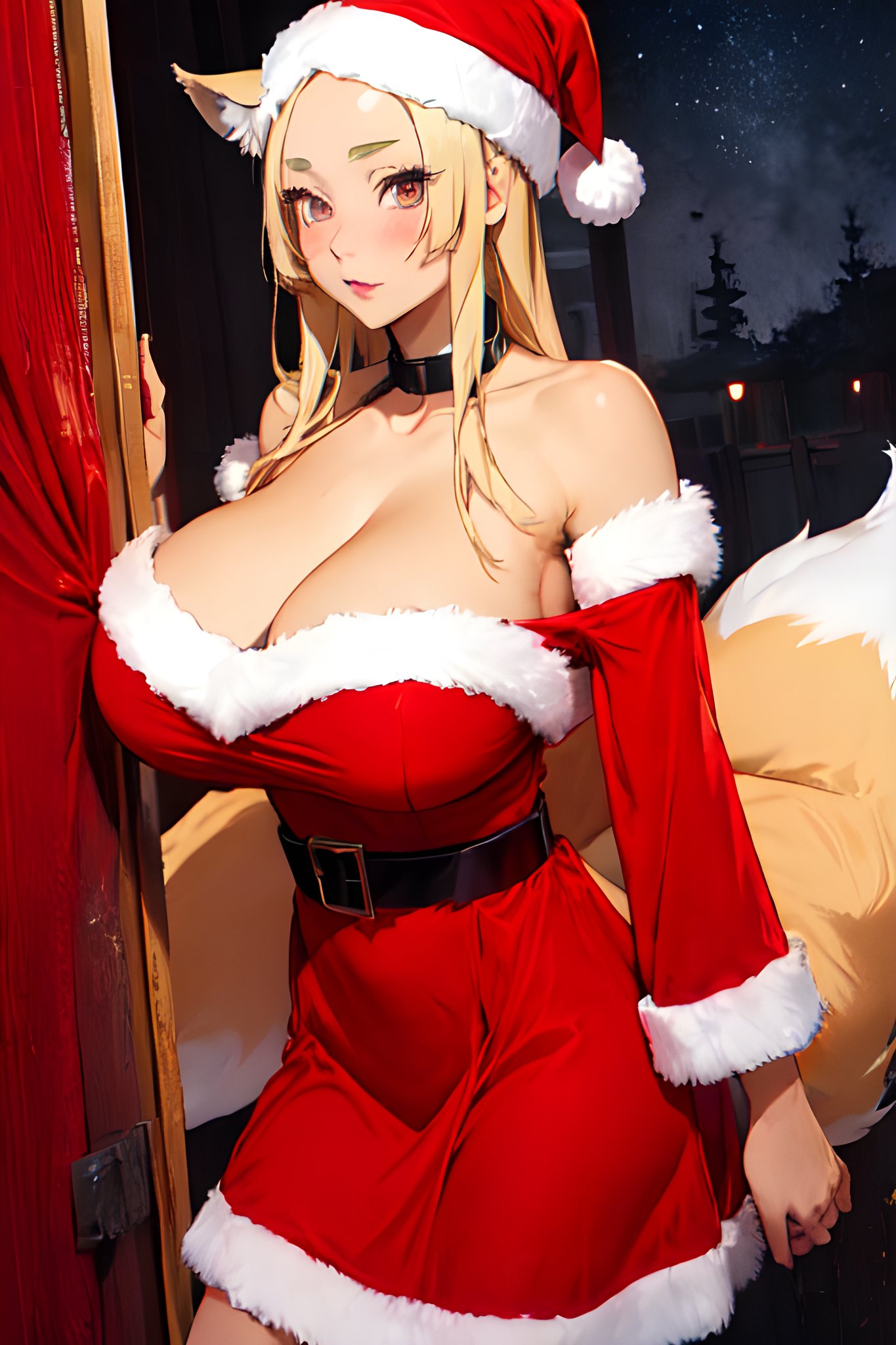 ai generated, big breasts, breasts, christmas outfit, cleavage, female, high school dxd, huge breasts, santa costume, santa dress, yasaka (high school dxd)