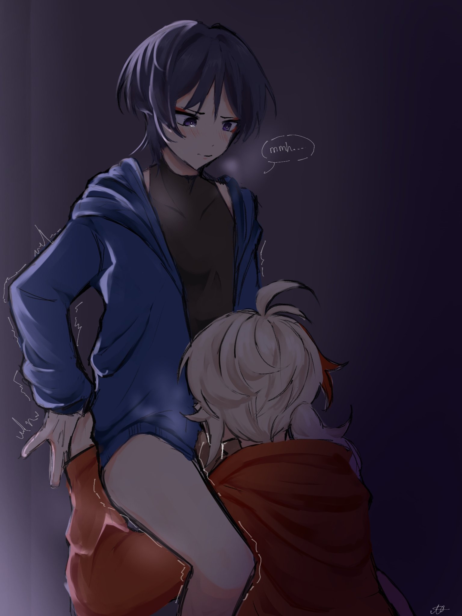 against wall, black hair, blowjob, eating, eating out, genshin impact, kaedehara kazuha, male, penis, scaramouche (genshin impact), sucking penis, tears in eyes, trembling, white hair, yaoi