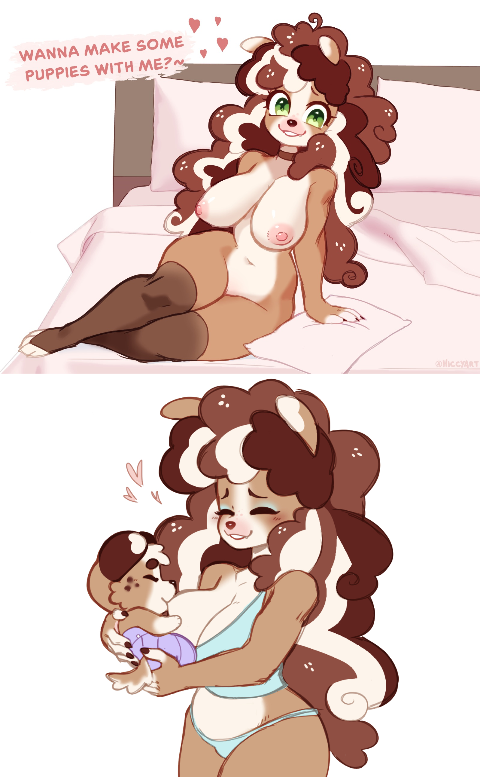 1boy, anthro, anthro female, anthro only, artist name, bed, breast feeding, breasts, breeding request, canine, closed eyes, curvy, curvy female, curvy figure, cute fang, dog, domestic dog, english text, fangs, female, green eyes, heart, hiccupsdoesart, impregnation request, inviting, inviting to sex, male, milf, mother and son, nipples, nude, on bed, pillow, puppy, sitting, sitting on bed, smile, smiling at viewer, speech, talking, talking to viewer, wholesome