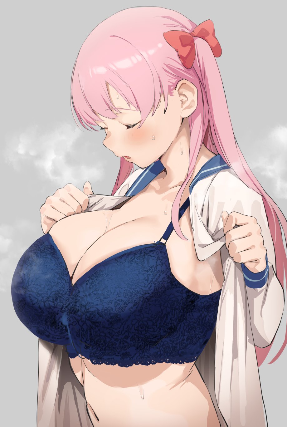 dress_shirt female haramura_nodoka huge_breasts lace-trimmed_bra nekoshoko pink_hair ribbon undressing