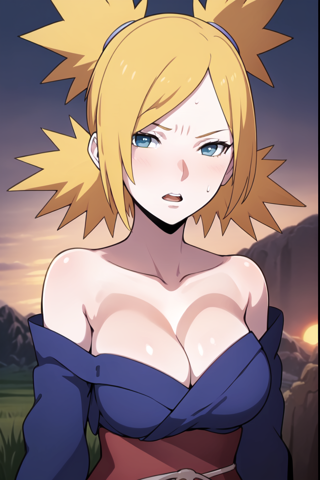 1girls ai_generated bare_shoulders big_breasts blonde_hair boruto:_naruto_next_generations breasts cleavage clothed_female clothing costemania embarrassed facing_viewer female female_only front_view huge_breasts kimono kimono_down light-skinned_female light_skin mature mature_female milf nai_diffusion naruto naruto_(series) no_bra no_bra_under_clothes open_clothes ponytail quad_tails solo solo_focus stable_diffusion sweat sweatdrop teal_eyes temari twintails upper_body voluptuous voluptuous_female yukata